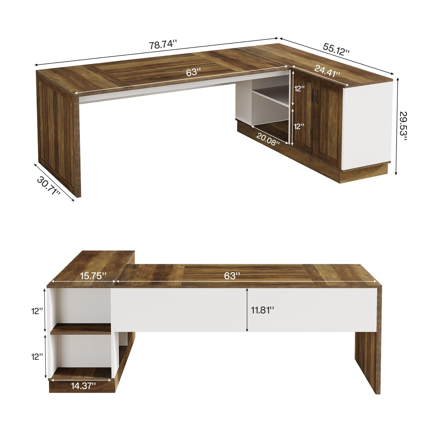 Tribesigns Executive Office Desk with File Cabinet, 79-Inch Modern L-Shaped Desk, Large Computer Table with Storage Cabinet and Open Shelves, Business Table for Home Office, Brown and White