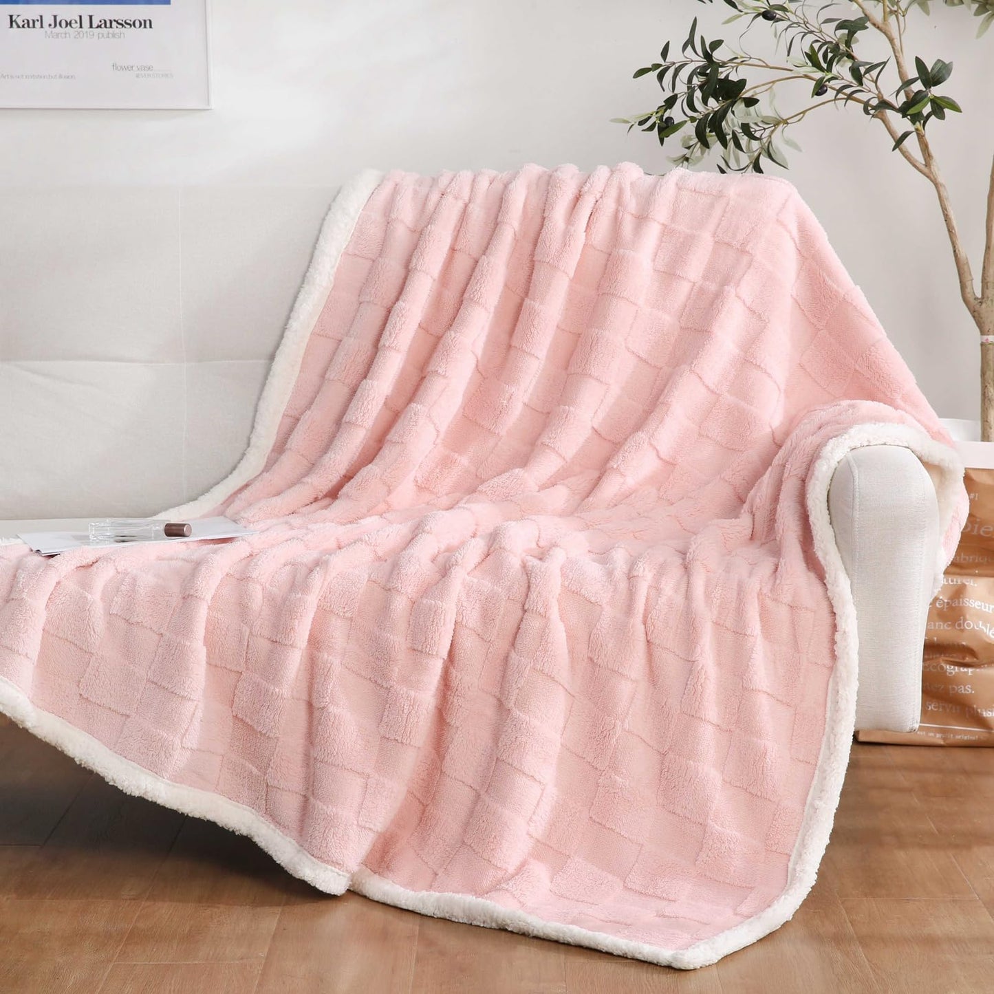 Pink Sherpa Throw Blanket for Couch, Flannel Cozy Soft Blanket for Bed - Fleece, Pink, Home Decor Gifts for Women, 60x80 Inches