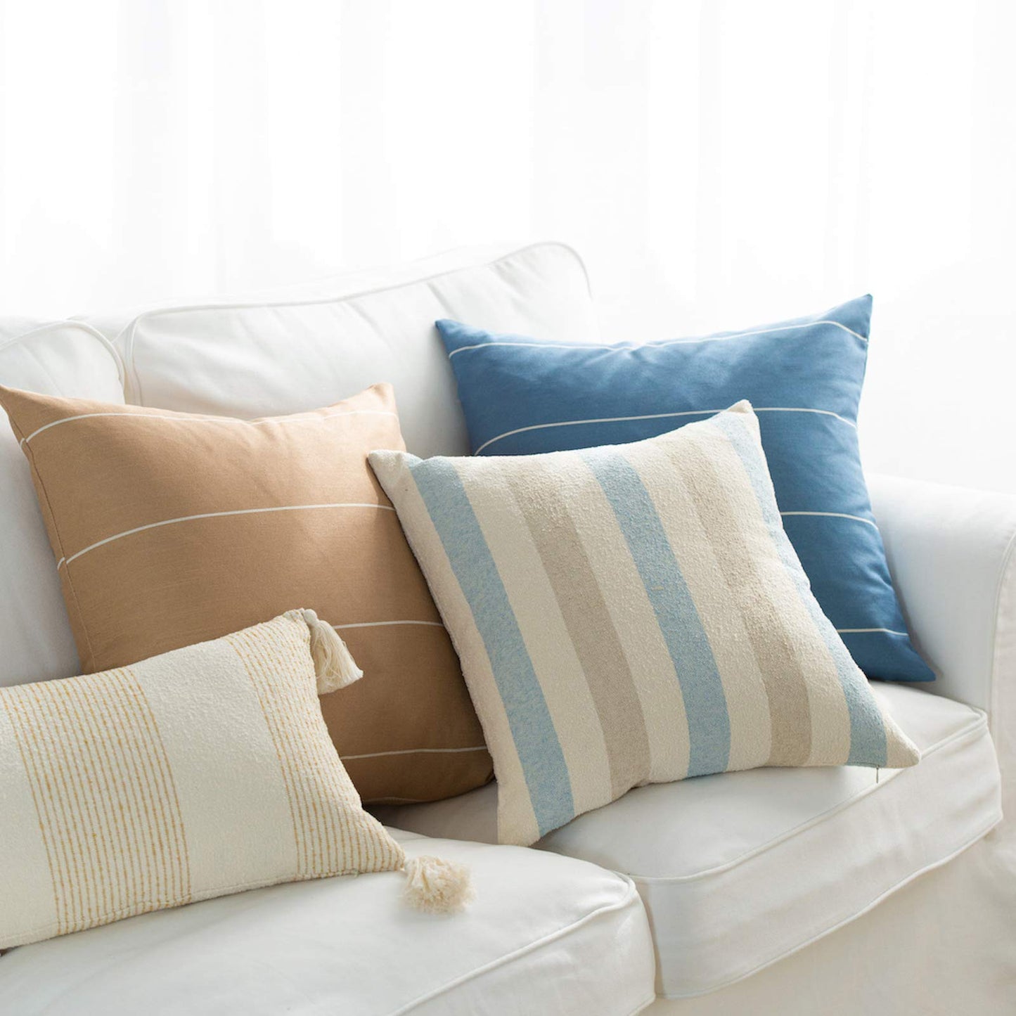 Hofdeco Beach Coastal Decorative Pillow Cover ONLY for Couch, Sofa, or Bed, Light Blue Tan Taupe Woven Stripe, 18"x18"