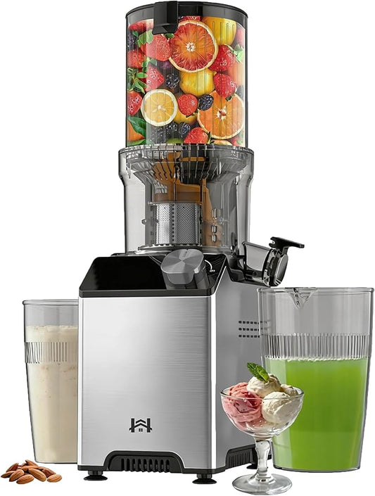 Cold Press Juicer, Wide Feed Chute Juicer Machines, Stainless Steel Slow Masticating Juicers Easy to Clean, Vegetables & Fruits Juice Extractor, High Juice Yield, Gray Color Knob