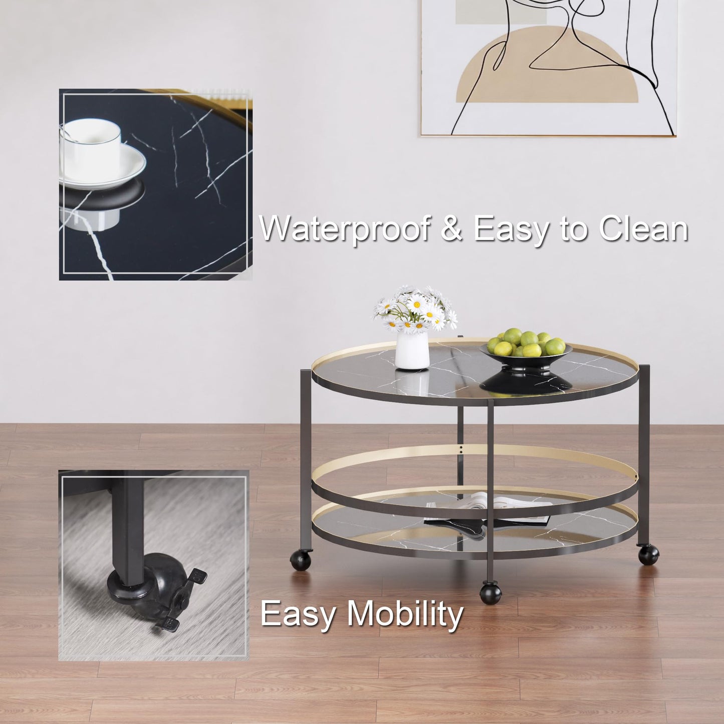 DYZAIMAX Round Coffee Table with Wheels & 2-Tier Design Black Marble-Textured Top, Sturdy Metal Frame & Premium Baked Paint Finish for Living Room, Balcony, Home - Easy Assembly - 31.5"x19.7"