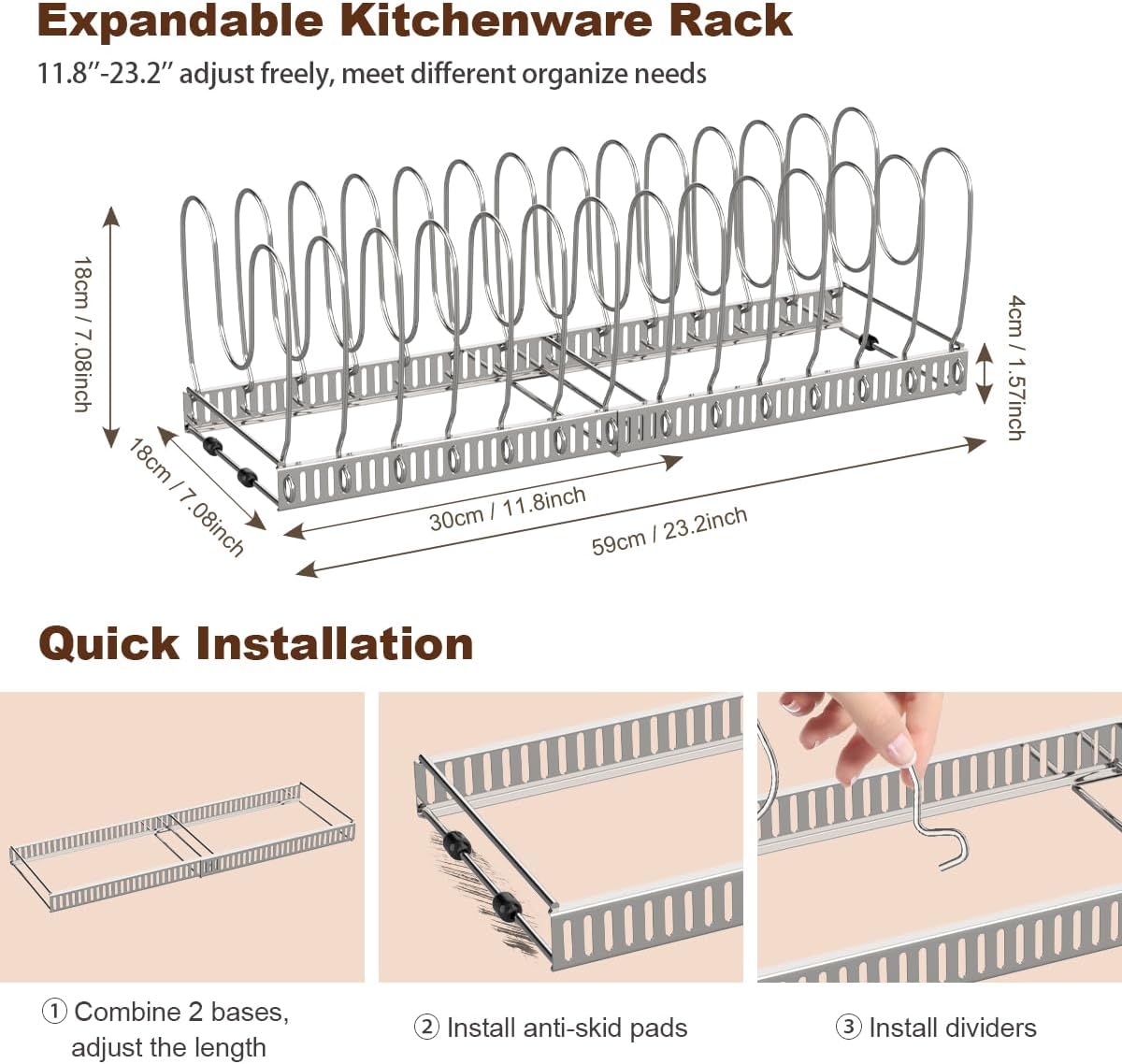Housolution Pot and Pan Organizer Rack for Cabinet, Stainless Steel Expandable Pot Lid Organizer with 14 Adjustable Dividers, Pot and Pan Holder Rack Storage Organizer for Kitchen, Silver