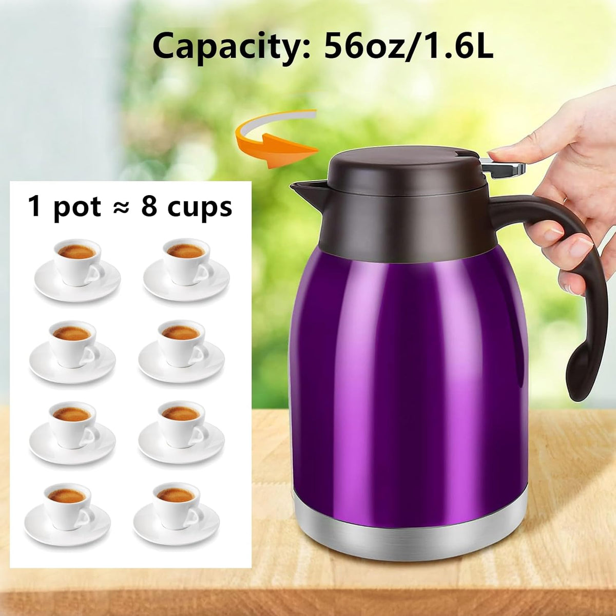 54oz Stainless Steel Thermal Coffee Carafe Dispenser, Unbreakable Double Wall Vacuum Flask 1.6L Water Tea Pot Beverage Pitcher for Hot Coffee for Christmas Carafe (Purple)