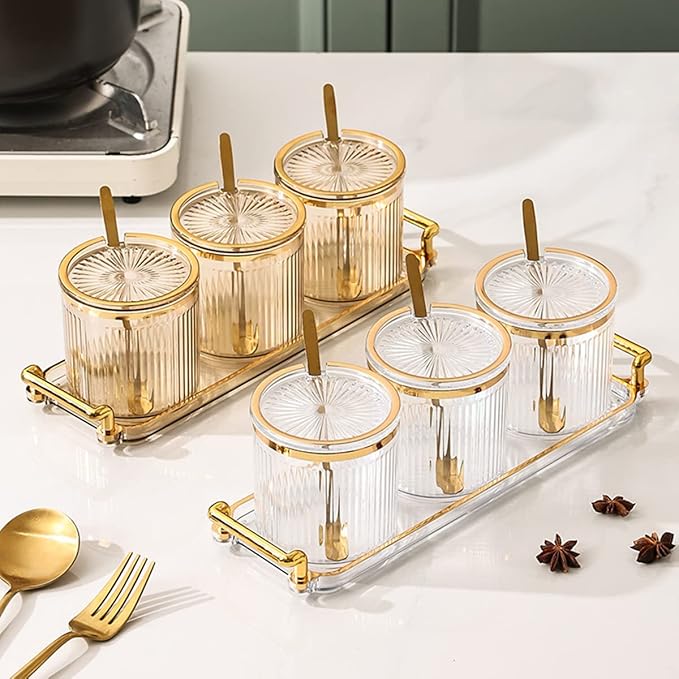 Acrylic Condiment Spice Jars,Condiment Spice Box With Lids and Spoons and Tray,Clear Plastic Condiment Canisters,Seasoning Box 6 Pack,Seasoning Box Set for Kitchen to Storage Salt,Paprika,Sugar