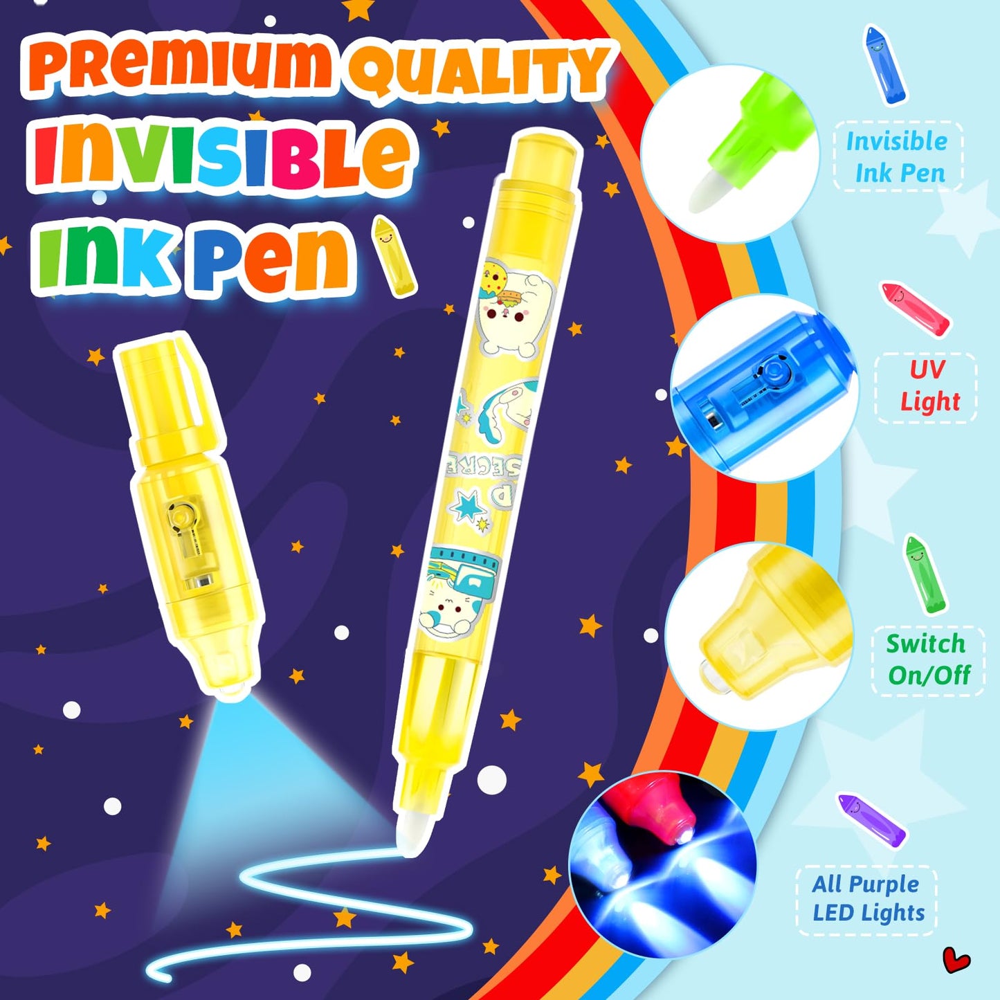 GIFTINBOX Invisible Ink Pen with UV Light for Kids, 24PCS Spy Pen Party Favors for Kids 8-12, Magic Marker for Secret Message, School Supplies Birthday Goody Bag Stuffers for Boys Girls