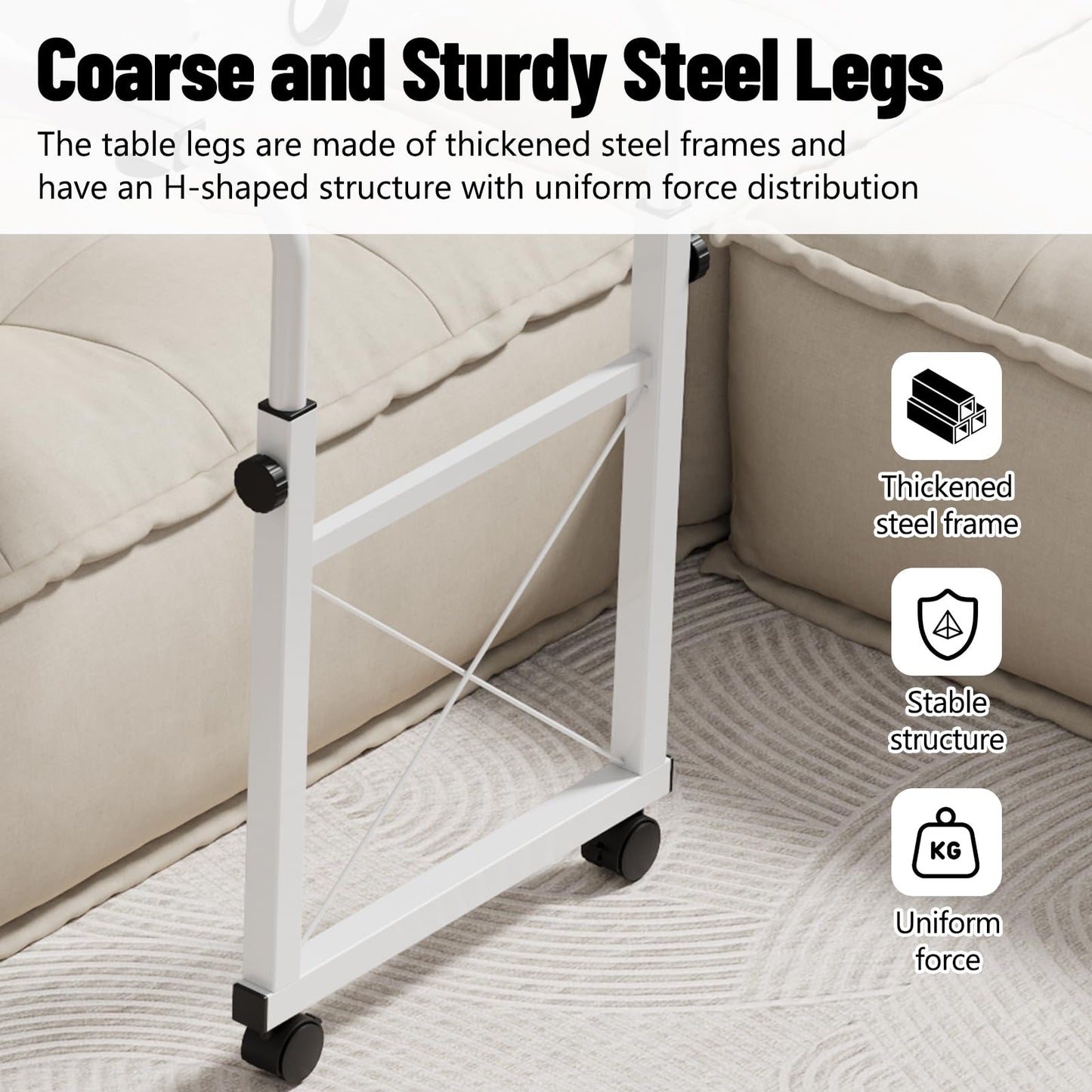 Overbed Table with Wheels, Overbed Desk with Adjustable Length and Height, Rolling Over Bed Desk, King Queen Over The Bed Table on Wheels, Heavy Duty Laptop Table for Hospital and Home (White, 1.2M)