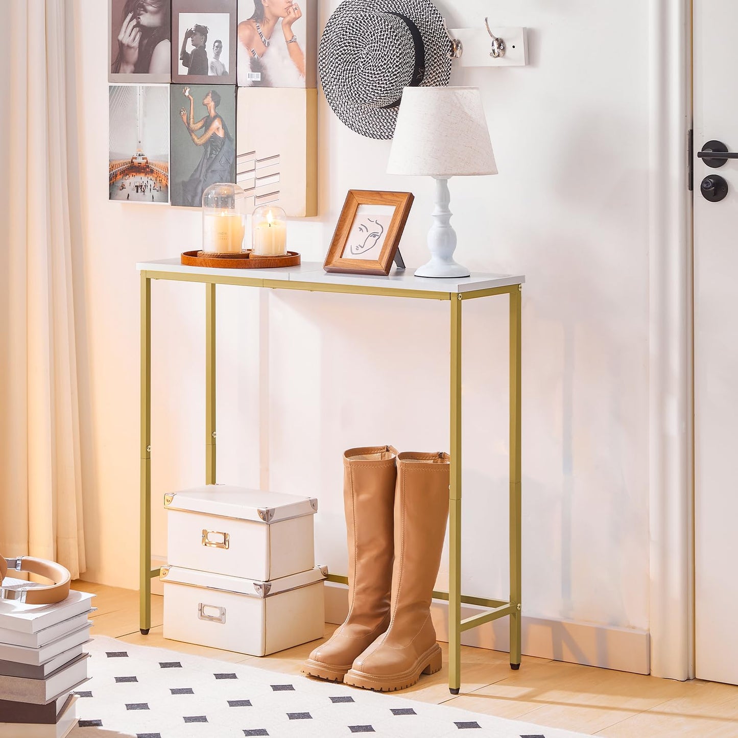 HOOBRO Narrow Console Table, 29.5" Small Entryway Table, Thin Sofa Table, Side Table, Display Table, for Hallway, Bedroom, Living Room, Foyer, White and Gold DW75XG01