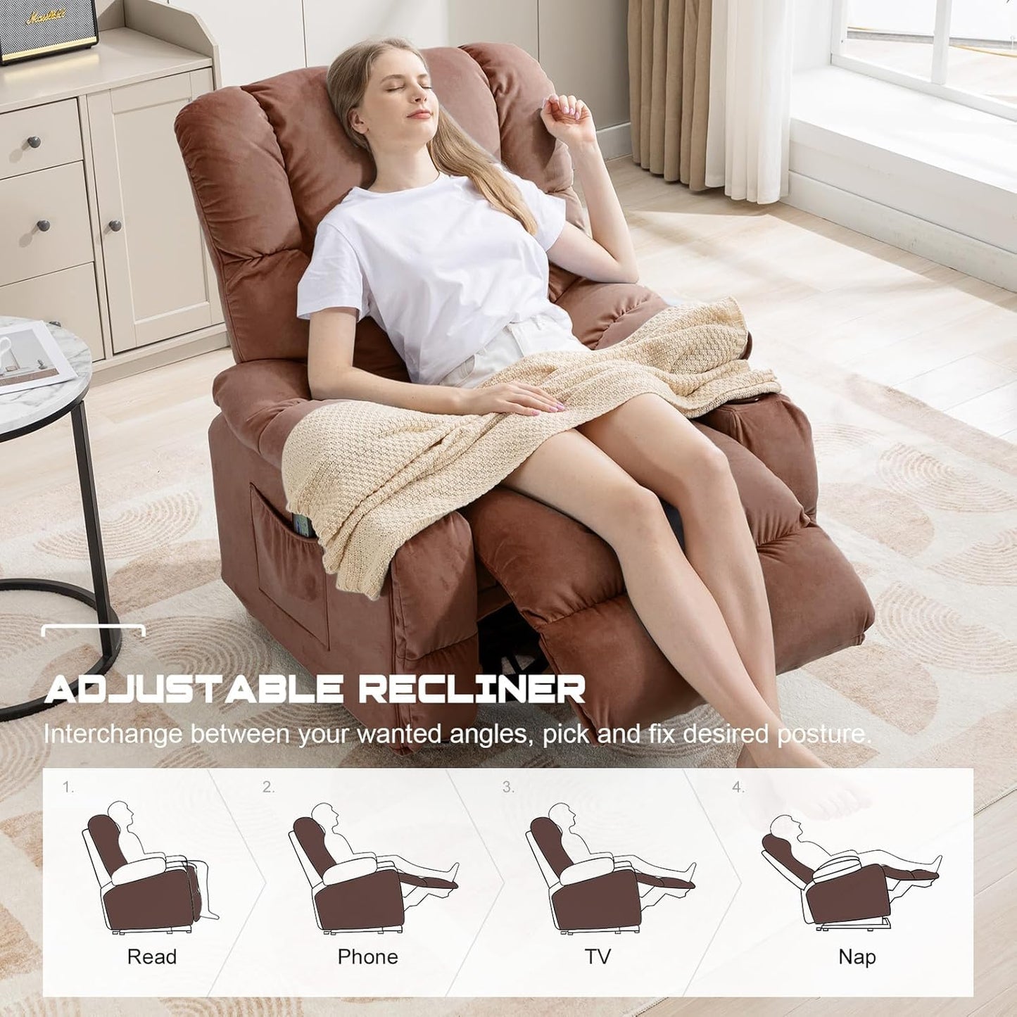 COMHOMA Recliner Chair, Swivel Rocker Recliner with Cup Holders, Heat and Massage, Fabric Recliners Sofa for Living Room (Brown)