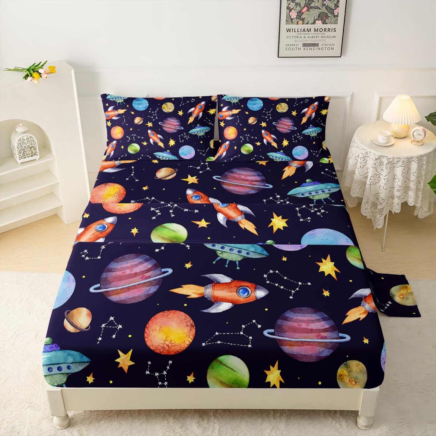 QOOMO Stars Rocket Kids Sheets Set, Cartoon Planet Twin Sheets Sets for Boys Kids Children,4 Piece Outer Space Printed Microfiber Bed Sheets Deep Pocket，1 Fitted Sheet, 1 Flat Sheet, 2 Pillow Cases