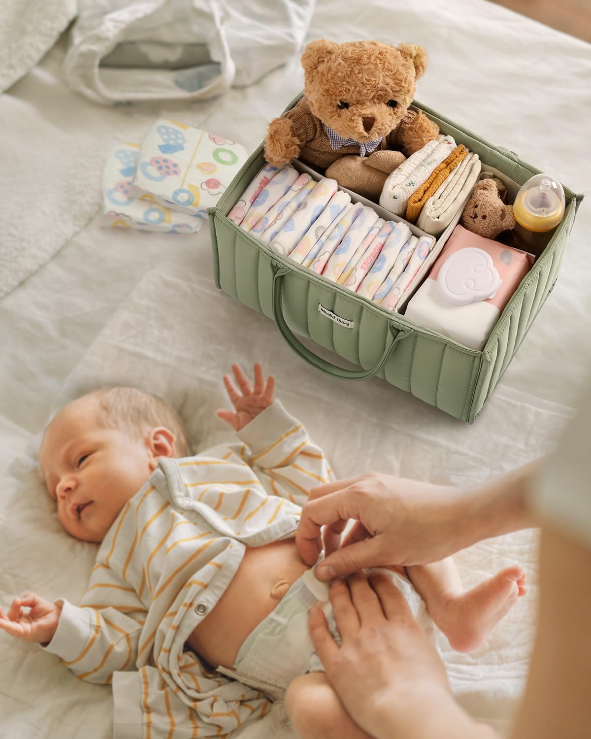 Blissful Diary Baby Diaper Caddy Organizer, Stylish Storage Basket for Newborn Essentials and Diaper Station, Gift for Baby Shower and Registry Must-Have, Sage Green