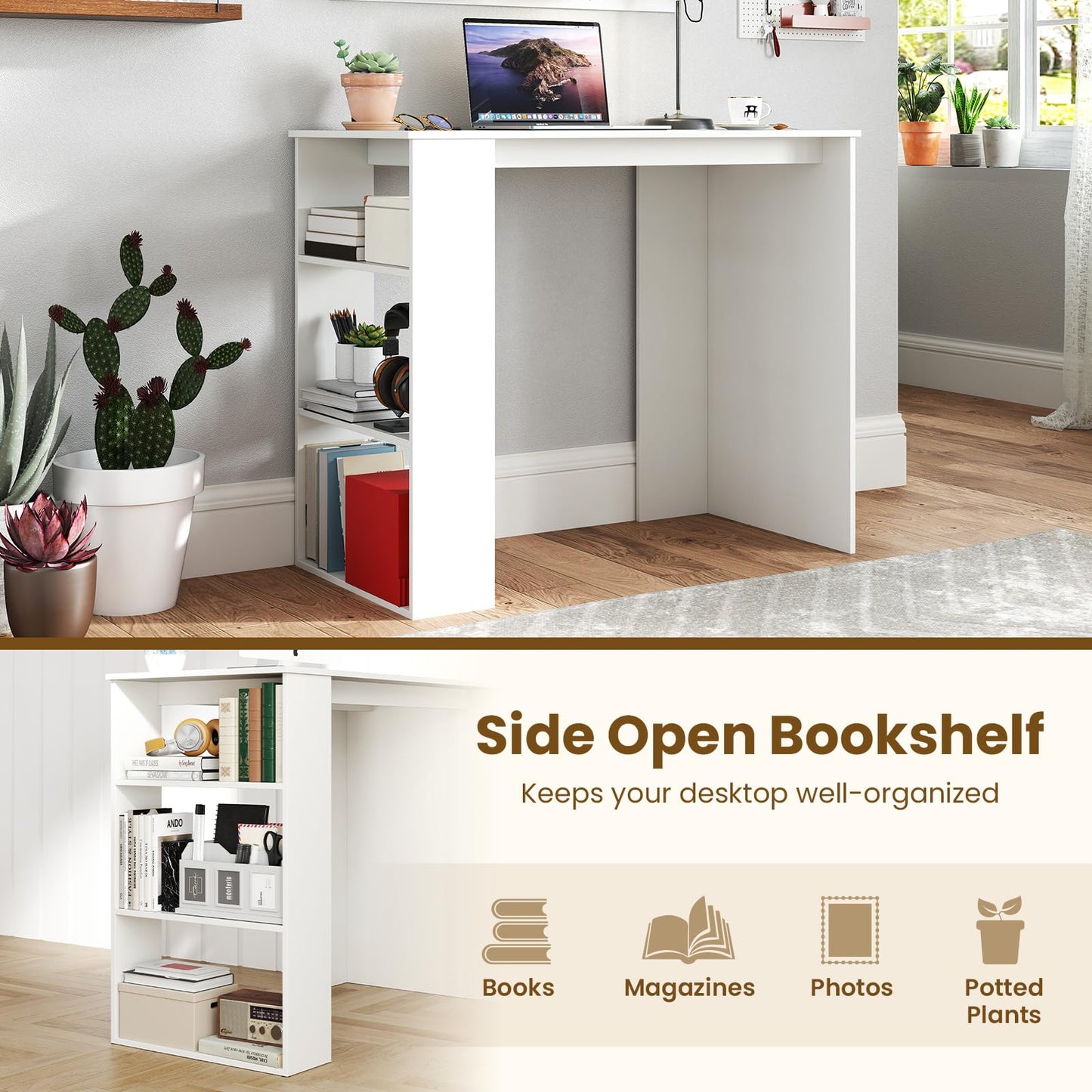 Tangkula Small White Desk with 3-Tier Bookshelf, Modern Simple Home Office Desk for Small Space, Wooden Writing Desk for Study, Living Room & Bedroom, Compact Laptop PC Workstation (White)