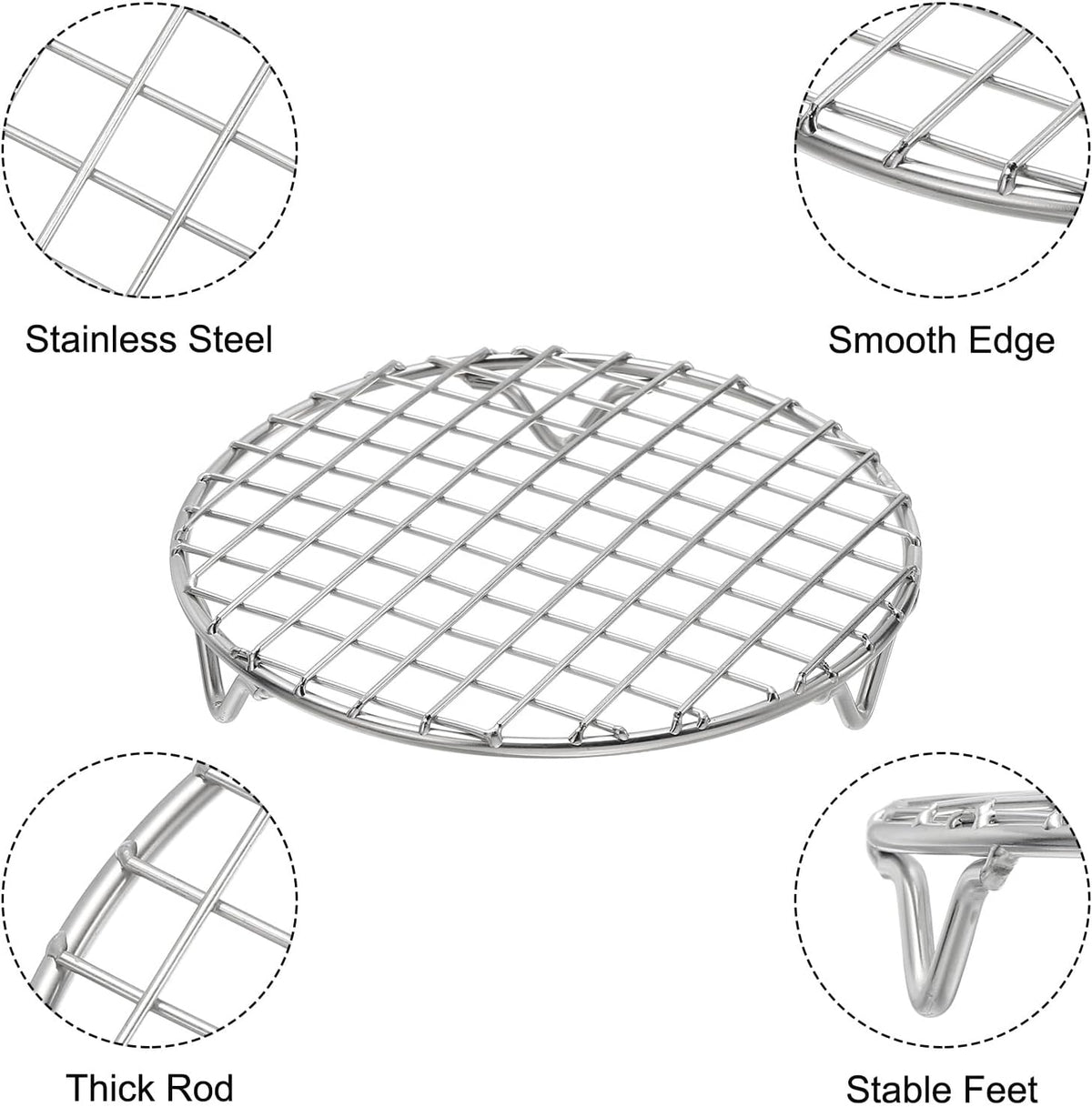 uxcell Round Cooking Rack with Legs, Dia 6.5 Inch 304 Stainless Steel Barbecue Grill for Cooking Baking Barbecue Air Fryer Racks, Silver