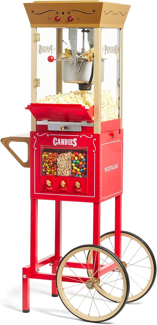 Nostalgia Vintage 8 Ounce Professional Popcorn Cart Makes Up to 32 Cups, Three Storage Candy & Kernel Dispenser Also for Nuts, Chocolate, Measuring Spoons and Scoop Included, Red
