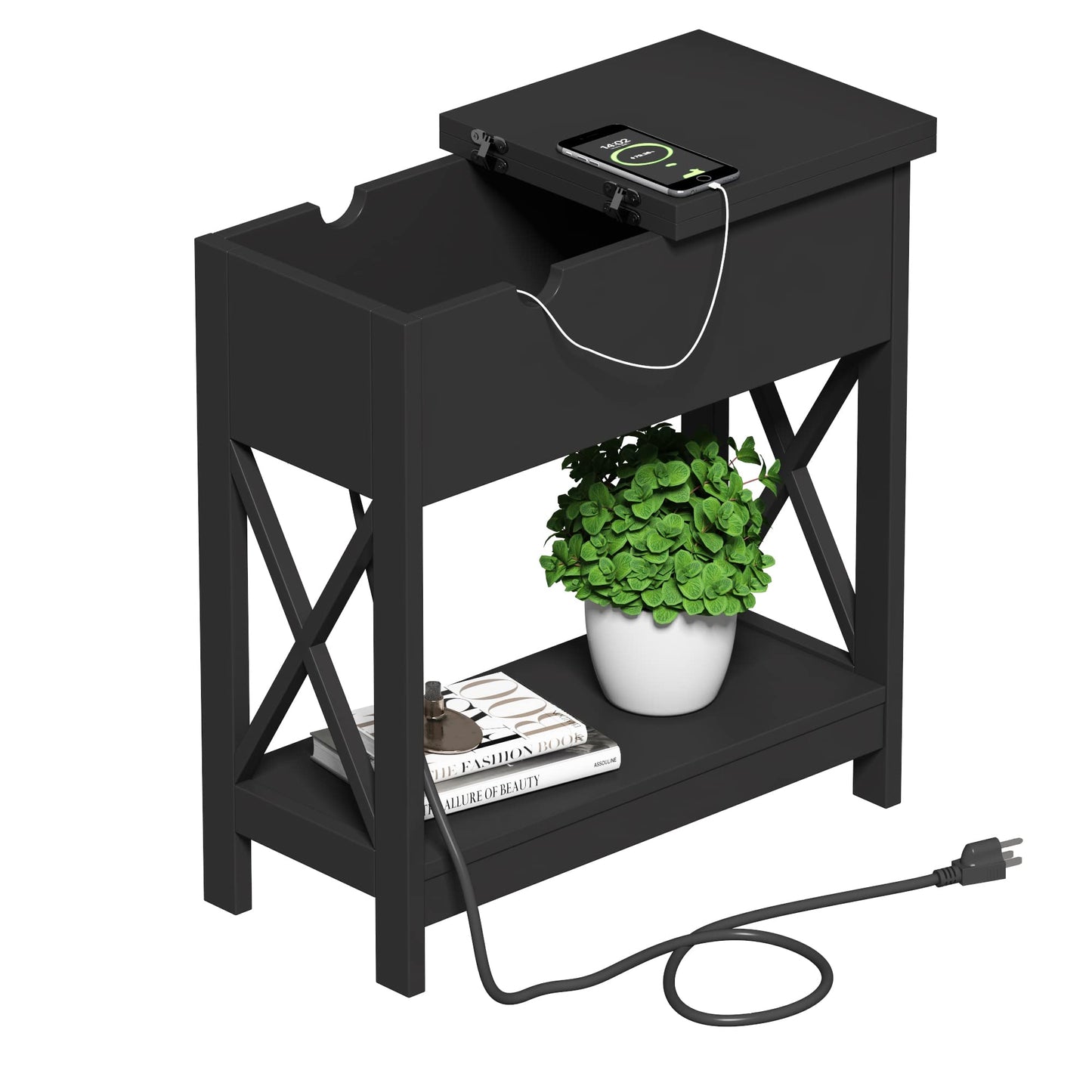 ChooChoo End Table with Charging Station, Narrow Flip Top Side Table with USB Ports & Power Outlets for Small Spaces, Bedside Table with Storage for Living Room, Bedroom, Black