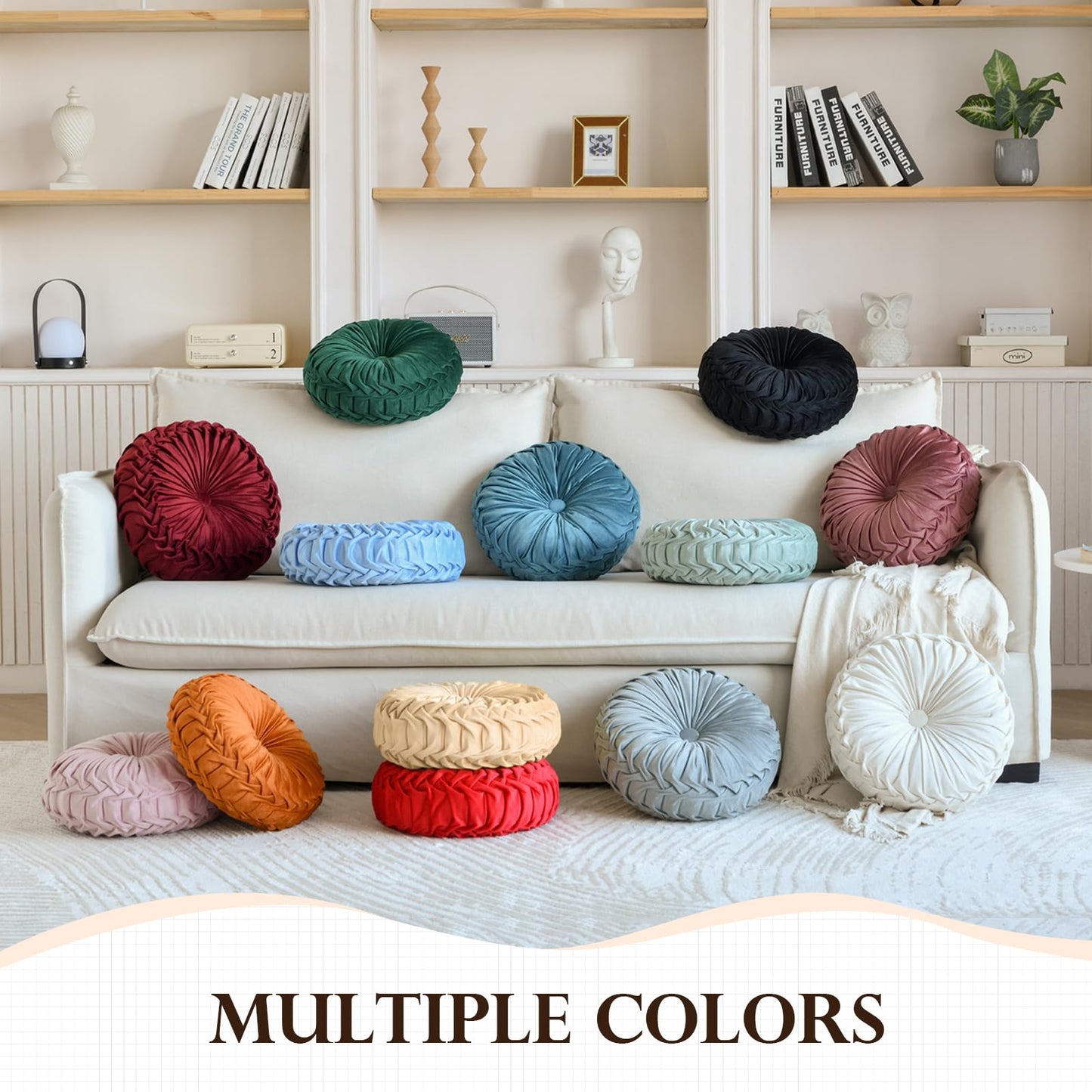 Teieas Round Throw Pillow Velvet Home Decoration Pleated Round Pillow Cushion for Couch Chair Bed Car (Brown)