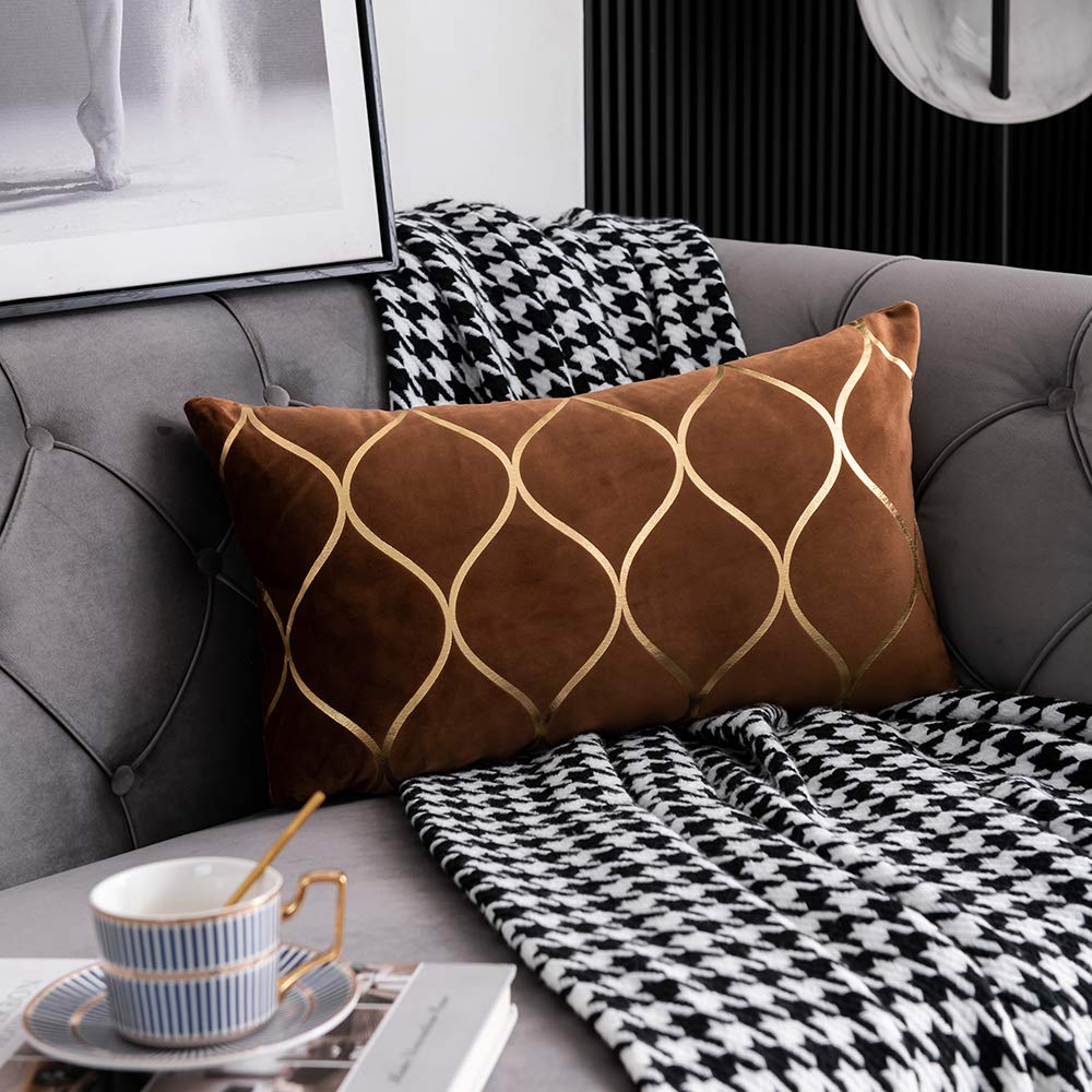 DEZENE Gold Velvet Throw Pillow Covers: 2 Pack 12x20 Inch Rectangular Decorative Pillow Cases for Bedroom Sofa Couch Living Room, Light Brown