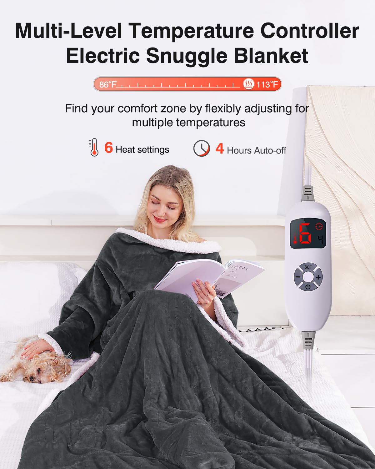 Wearable Heated Blanket with Sleeves, Electric Heated Blanket for Gifts, Electric Throw Wrap Poncho Shawl with Pockets, 6 Heating Levels & 4 Hours Time Settings, 50 x 70 Inch (Grey)
