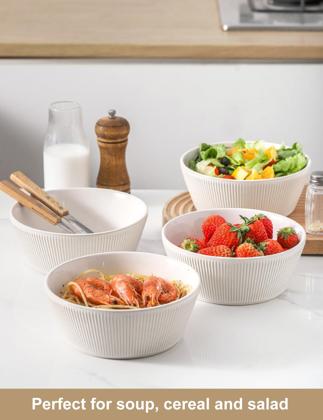 UBEE Large Soup Bowls Set of 4, 7.3 inch White Salad Bowls, Ceramic Serving Bowls for Ramen, Pasta, Fruit, Cereal, Fruit, Dinner, Dishwasher and Microwave Safe
