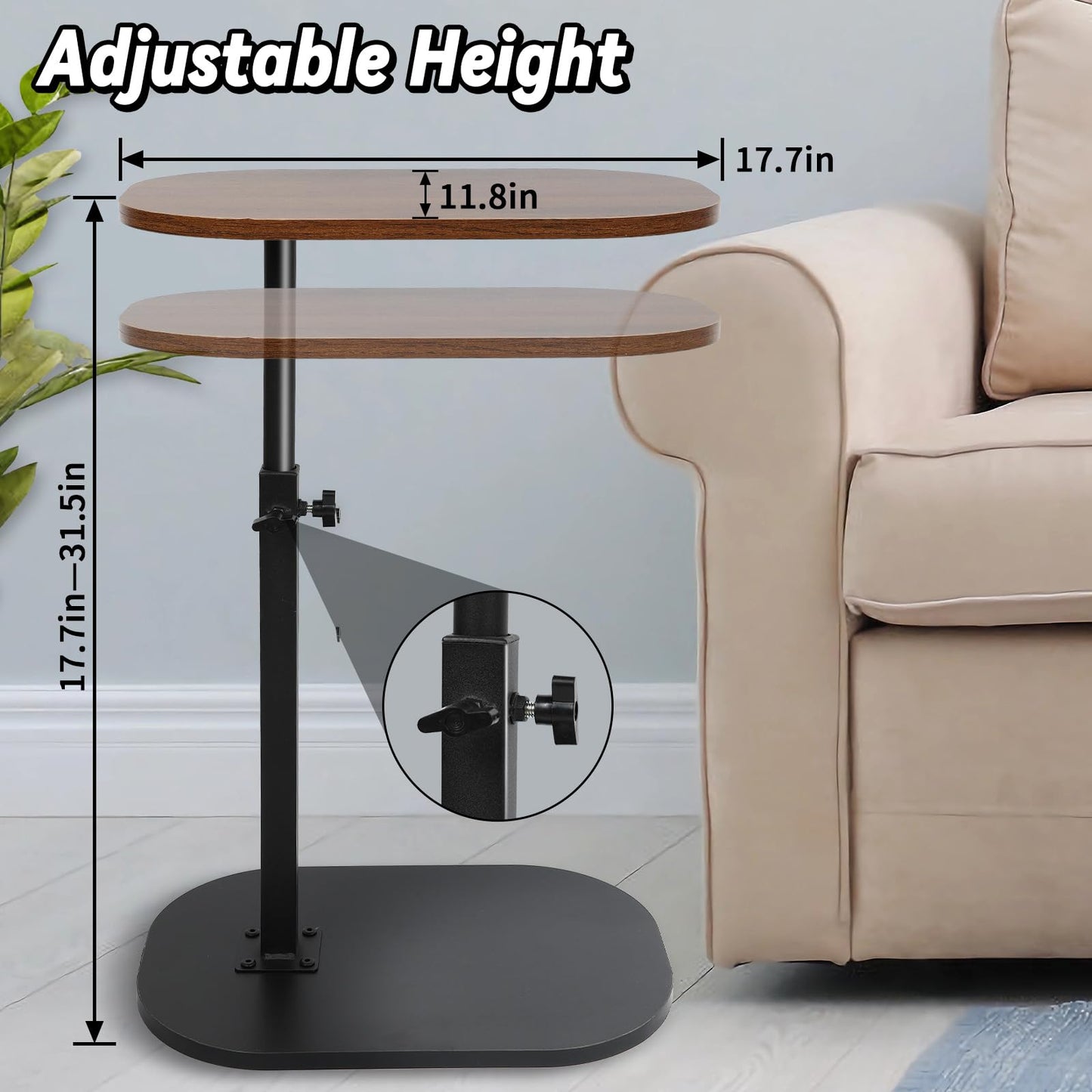 CypherX C Table, Wood Sofa Adjustable Height, C Shaped End Table for Couch, Slide Under Tables, Small Side Table for Living Room, Bedroom, Bedside (Brown)