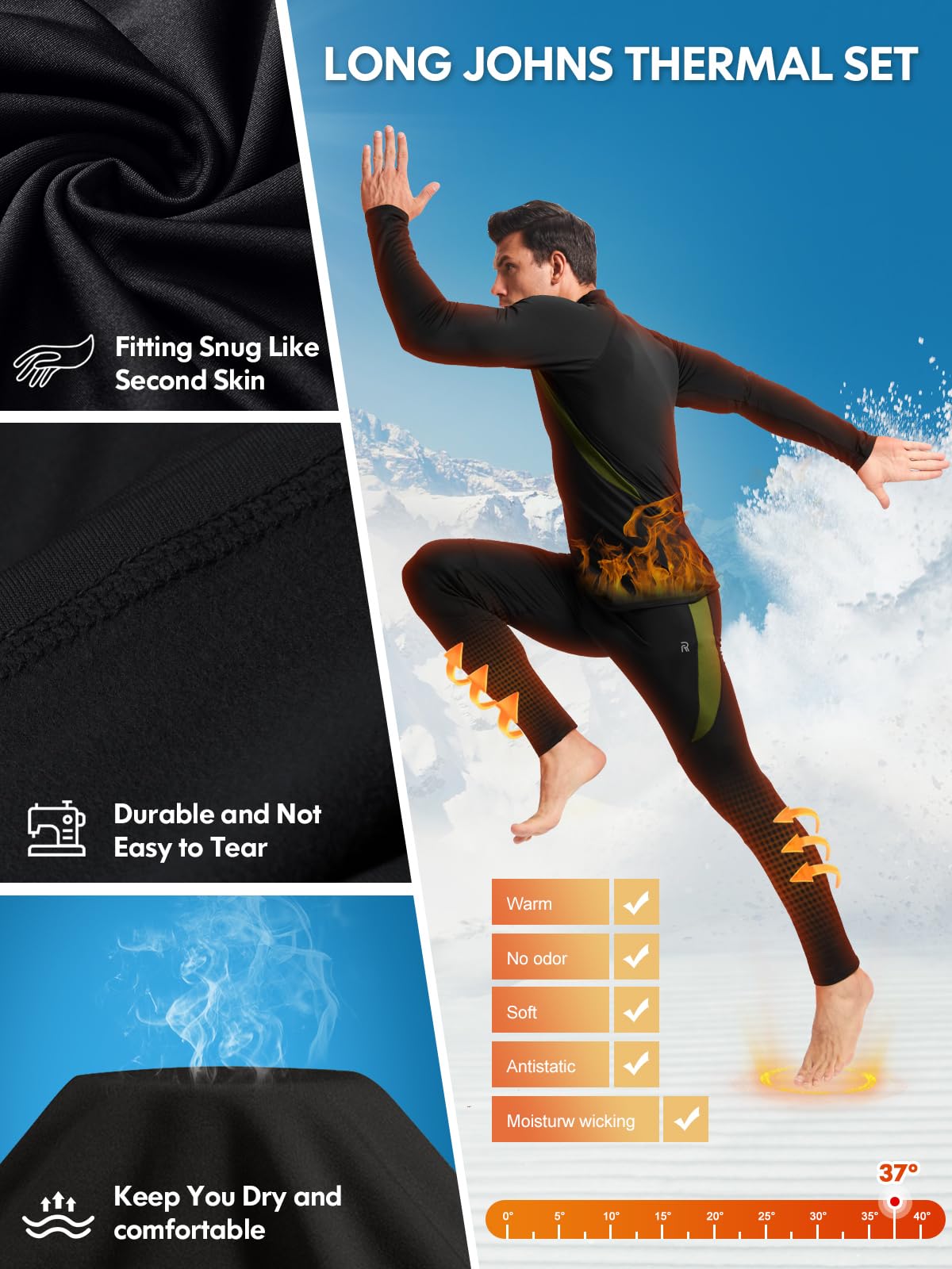 romision Long Johns for Men Thermal Underwear Set Winter Hunting Gear Sport Bottom Top Base Layer for Cold Weather A-Black