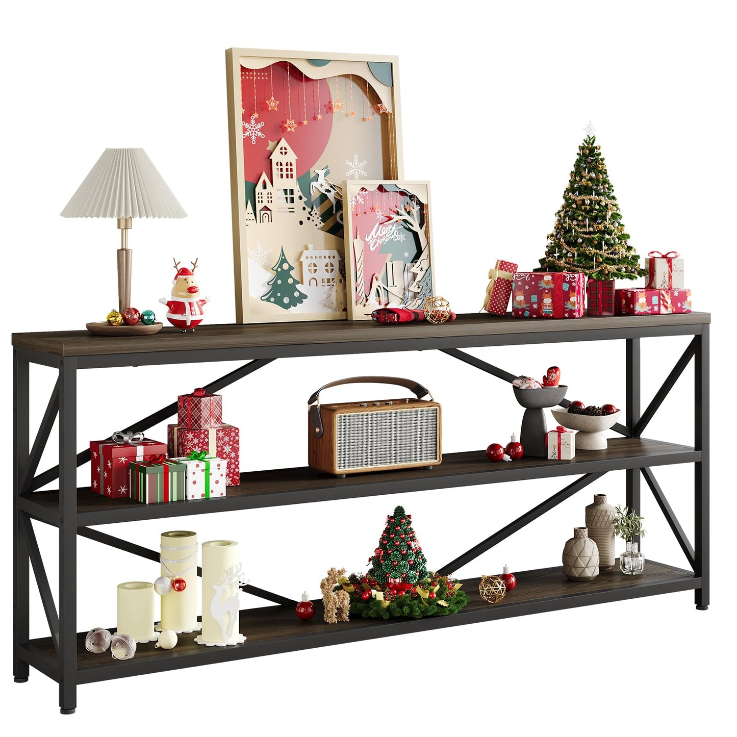 ONBRILL Industrial Console Sofa Table,70.8 Inch Extra Long Entryway Table with 3 Tier Wood Storage Shelf for Living Room, Hallway, Entrance, Narrow Sofa Table with Metal Frame, Black and Brown
