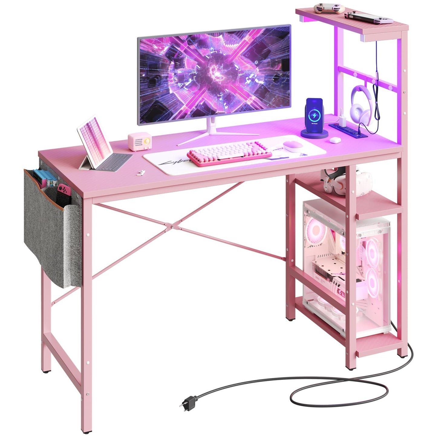 Bestier Pink Gaming Desk with Power Outlets, 44 Inch Led Gamer Desk with 4 Tiers Reversible Shelves, Computer Desk with Headset Hook & Side Storage Bag for Bedroom (Pink 3D Carbon Fiber)