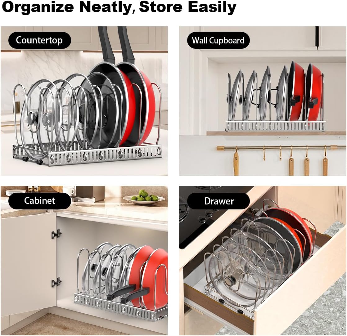 Housolution Pot and Pan Organizer Rack for Cabinet, Pot Lid Organizer with 7 Adjustable Dividers, Pan Holder Storage Rack for Kitchen Cabinet, Silver