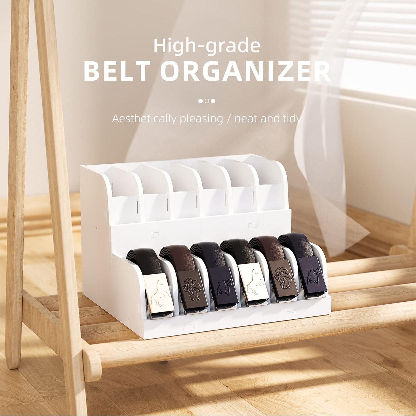 QI XING Belt Organizer - 12 Grid Belt Rack, Drawer Storage Holder for Closet, Displayer for Men & Women (White)