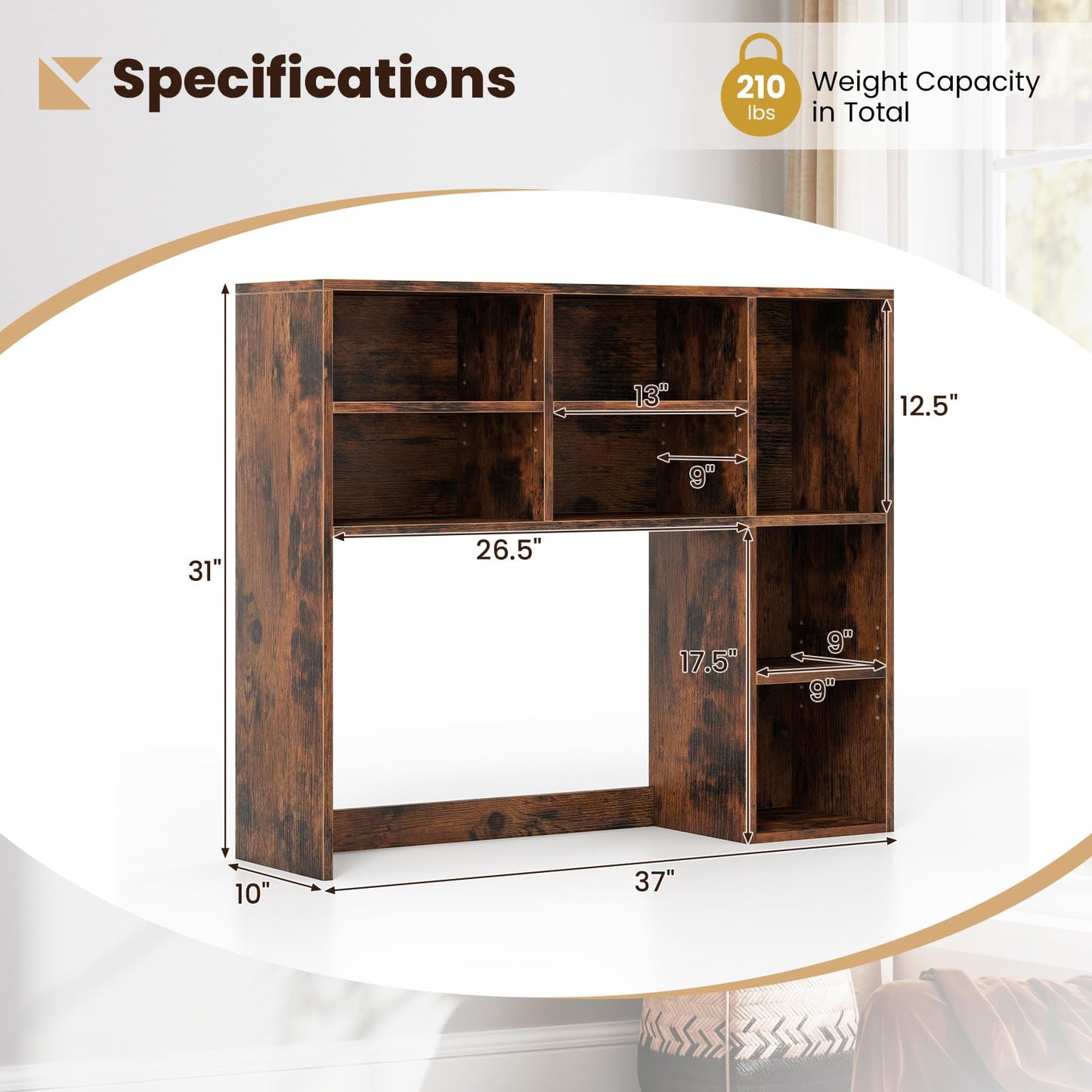 Giantex Desktop Bookshelf, Desk Hutch Dorm w/ 7 Cubes & 3 Adjustable Shelves, Desk Shelf for Up to 27" Computer Monitors, Wooden Desktop Storage Organizer for Dorm College Office Home, Rustic Brown