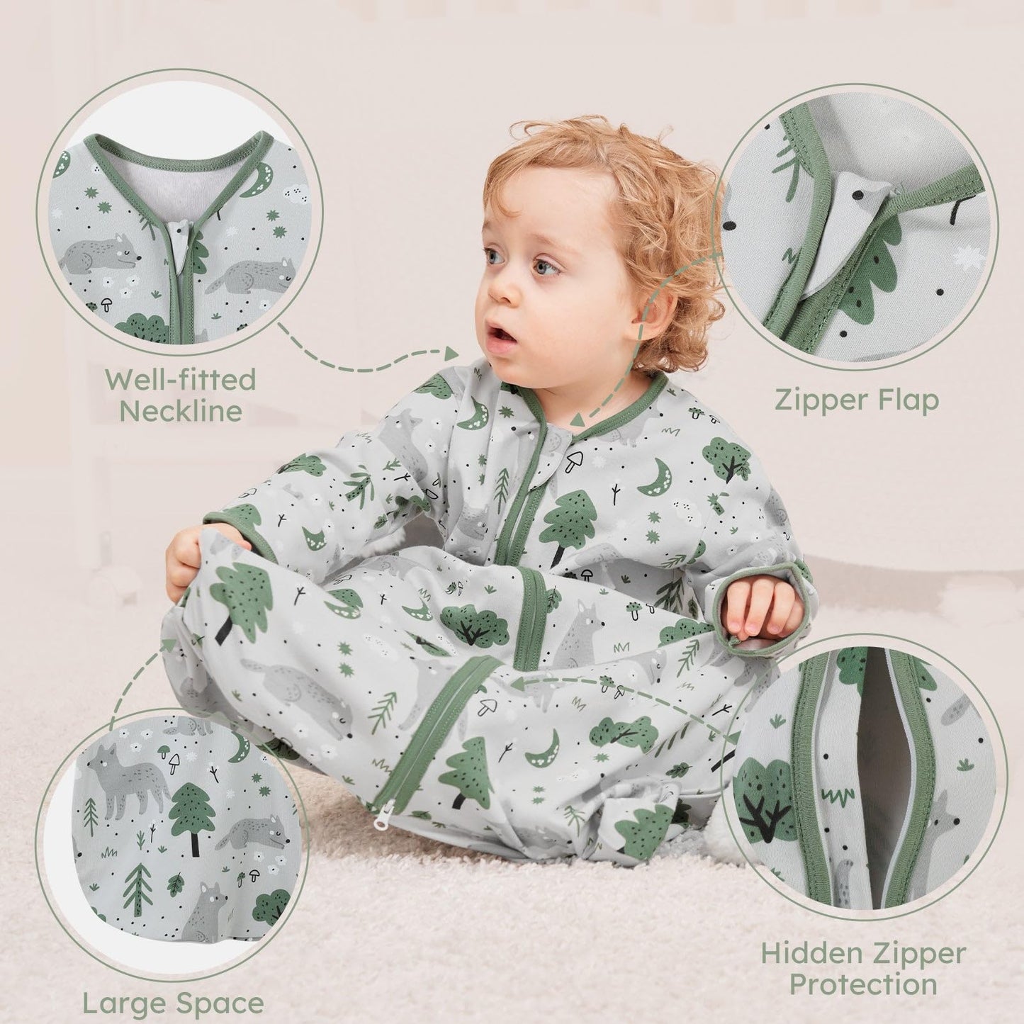 Yoofoss Baby Sleep Sack 12-18 Months Long Sleeve Wearable Blanket Baby 100% Organic Cotton 2-Way Zipper 0.5 Tog Toddler Sleeping Sack, Lightweight(Large)