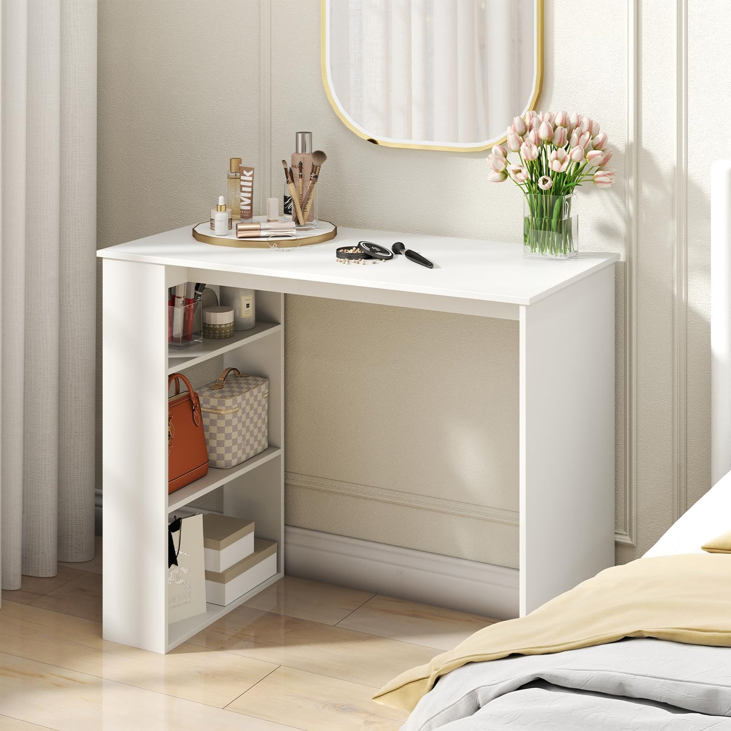 Tangkula Small White Desk with 3-Tier Bookshelf, Modern Simple Home Office Desk for Small Space, Wooden Writing Desk for Study, Living Room & Bedroom, Compact Laptop PC Workstation (White)