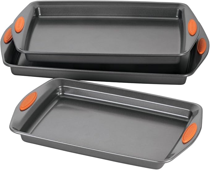 Rachael Ray Nonstick Bakeware Set with Grips, Nonstick Cookie Sheets / Baking Sheets - 3 Piece, Gray with Orange Grips