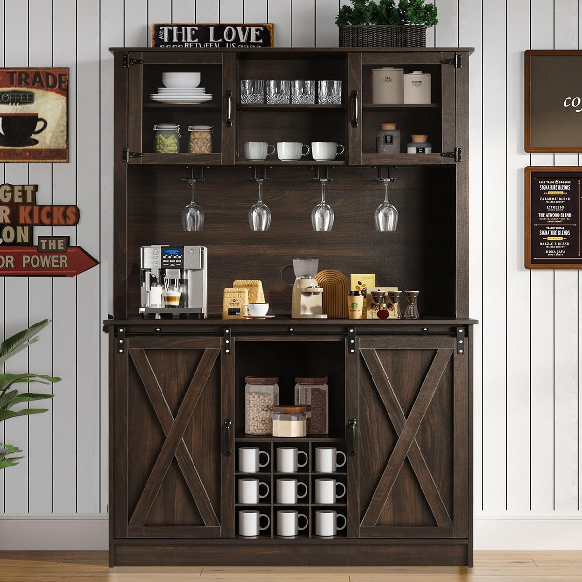 4ever2buy Farmhouse Coffee Bar Cabinet with 4 Mug Hooks, 72 Inch Wine Bar with with Hutch and 2 Sliding Barn Doors, Tall Coffee Bar with 9 Wine Racks for Living Dining Room, Dark Oak