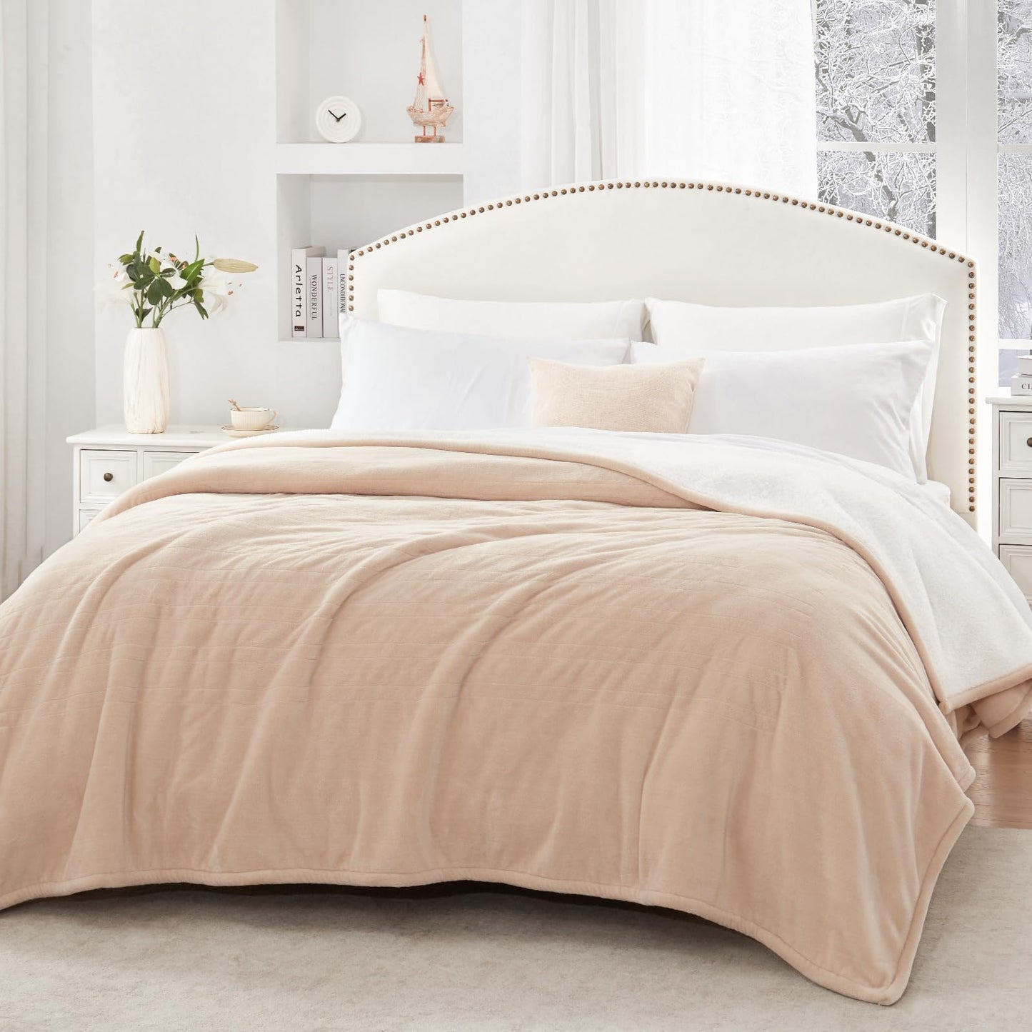 Sealy Electric Blanket Twin Size, Flannel & Sherpa Heated Blanket with 10 Heating Levels & 1-12 Hours Auto Off, Machine Washable, Beige, 62x 84 Inch