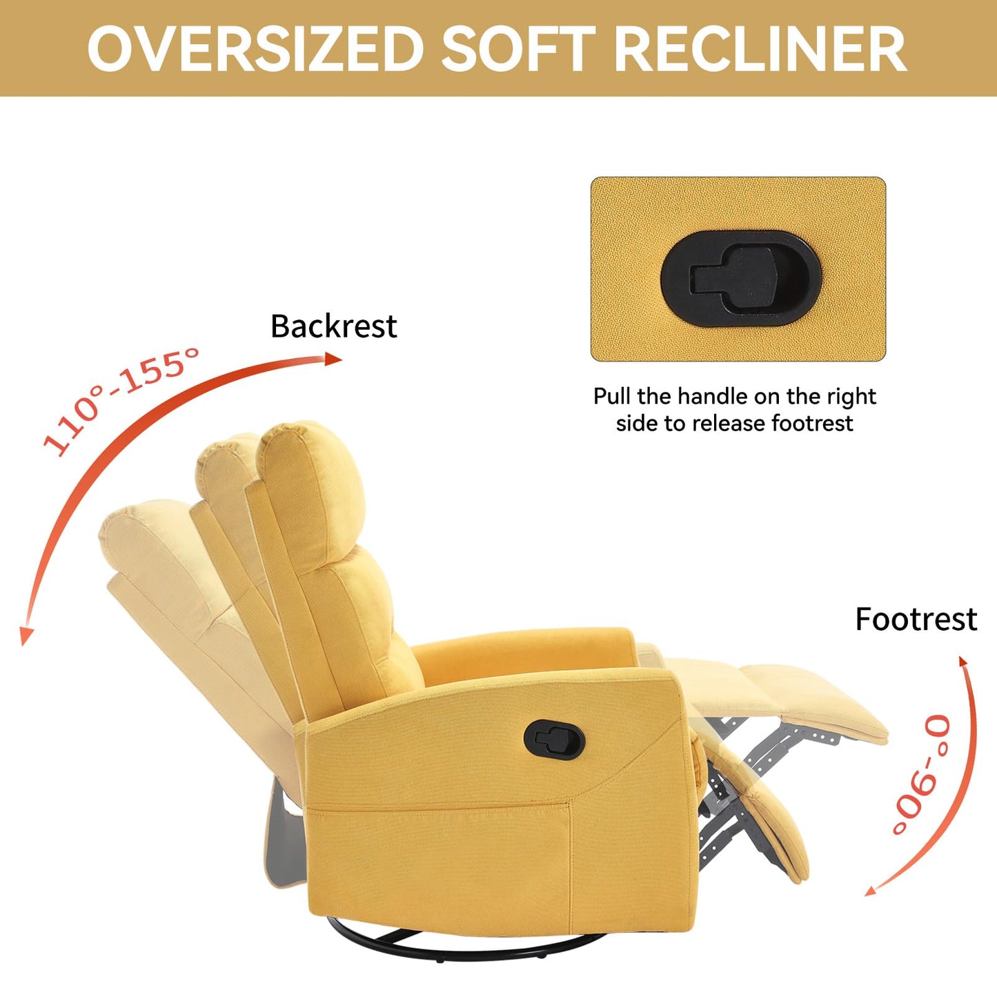 360° Swivel Recliner Chair for Adults, Upholstered Glider Rocking Chair Nursery with Adjustable Backrest & Footrest, Small Recliners for Small Spaces Living Room Bedroom (Yellow)