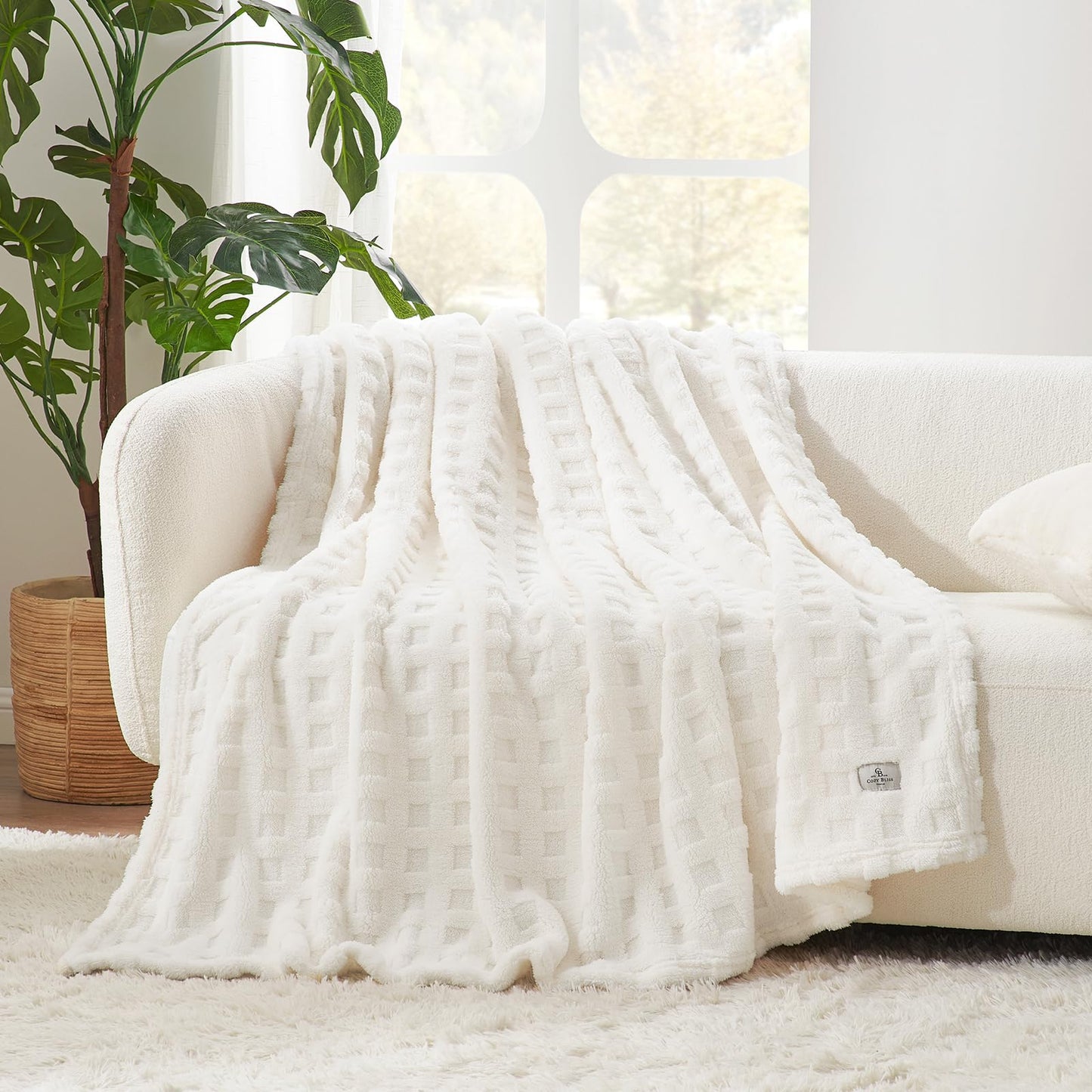 Cozy Bliss Ultra Soft Waffle Blanket - Lightweight Cozy Blankets Gift for Women,Cute Checkered Throws Blanket for Bed, Couch and Sofa,Ivory,50x60 Inches