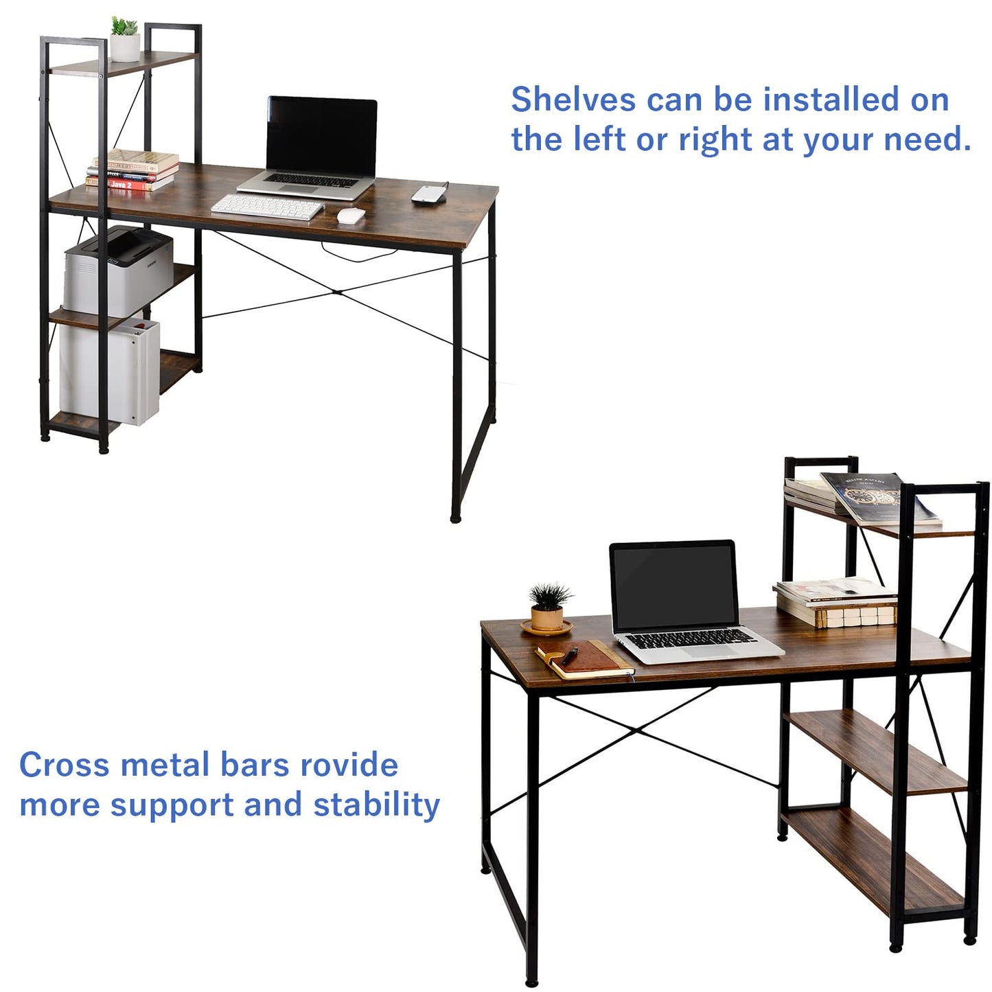 AEONS Computer Study Desk with Storage Shelves, Home Office Desk with Reversible Bookshelf Study Writing Table Corner Desk 47”, Wood & Metal, Space-Saving