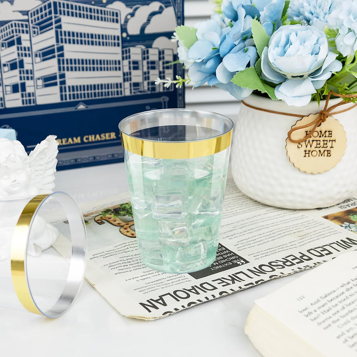 I00000 60PCS Gold Plastic Cups, 10 oz Clear Disposable Cups with Golden Trim, Heavy-Duty Disposable Hard Plastic Wine Glasses Cocktail Glasses Perfect for Wedding & Party
