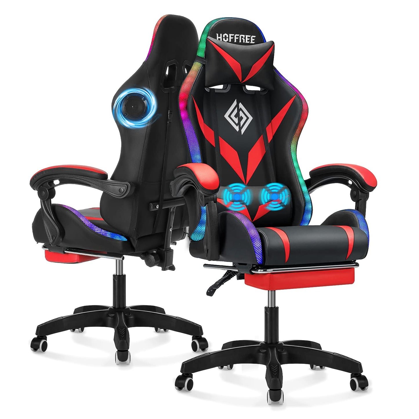 Gaming Chair with Speakers and LED Lights Ergonomic Computer Chair with Massage and Footrest Reclining Video Game Chair for Adults with Adjustable Lumbar Support Red and Black
