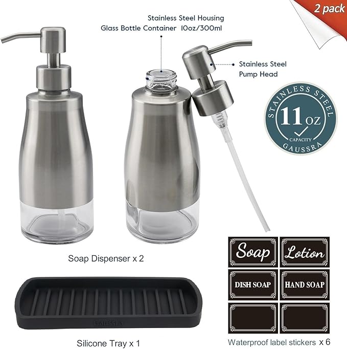 Gaussra Kitchen Soap Dispenser Set with Silicone Tray and Stickers - Brushed Nickel, Stainless Steel Glass Soap Dispenser Bathroom, Refillable Hand Dish Dispenser for Kitchen Sink