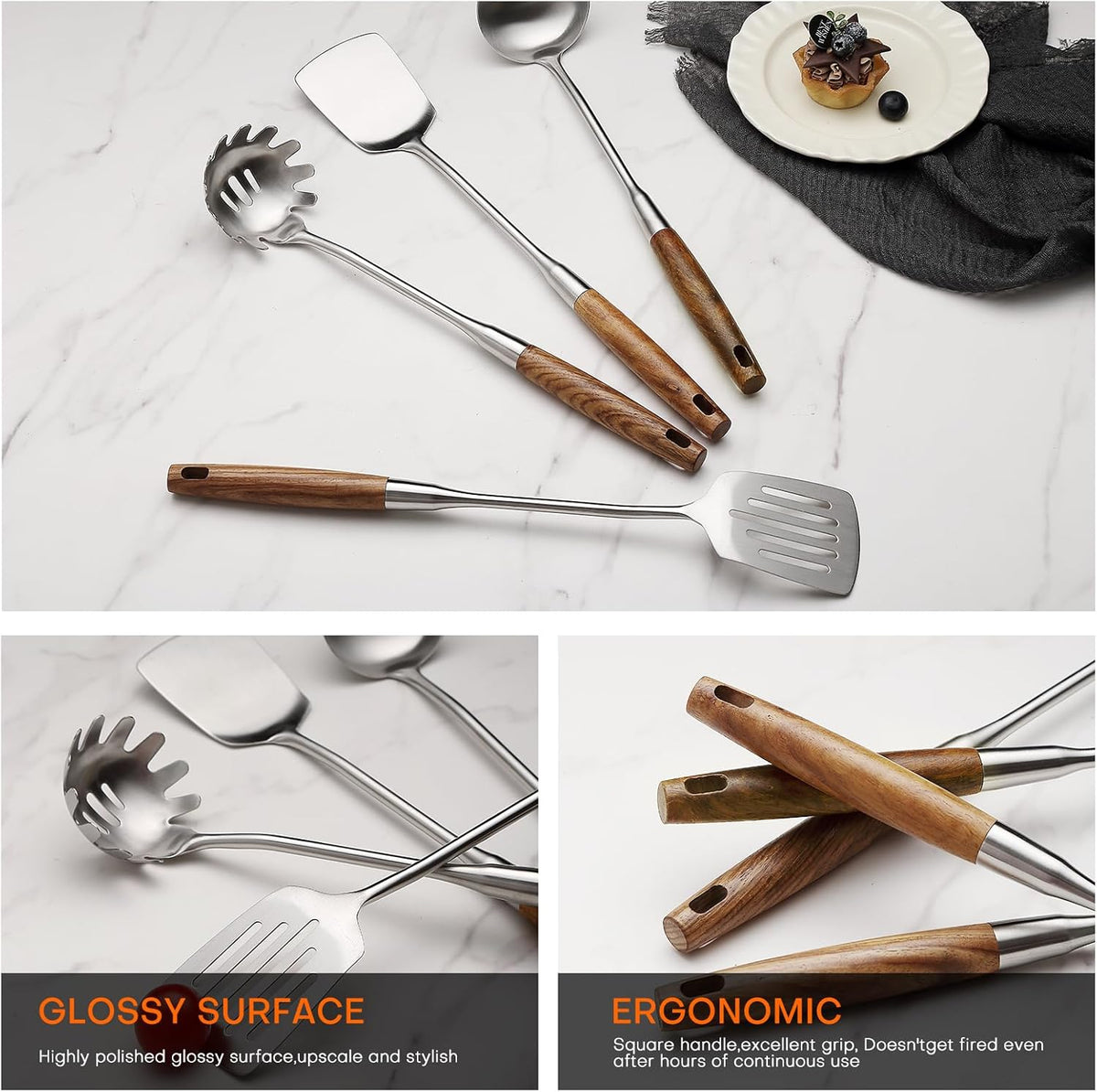 Lazycorner 304 Wooden Handle Stainlss Steel Kitchen Utensils Set 10 Pcs Cooking Utensils Set Heat Resistant Wooden Handle Kitchen Tools Metal Kitchen Utensil Spatula Sets