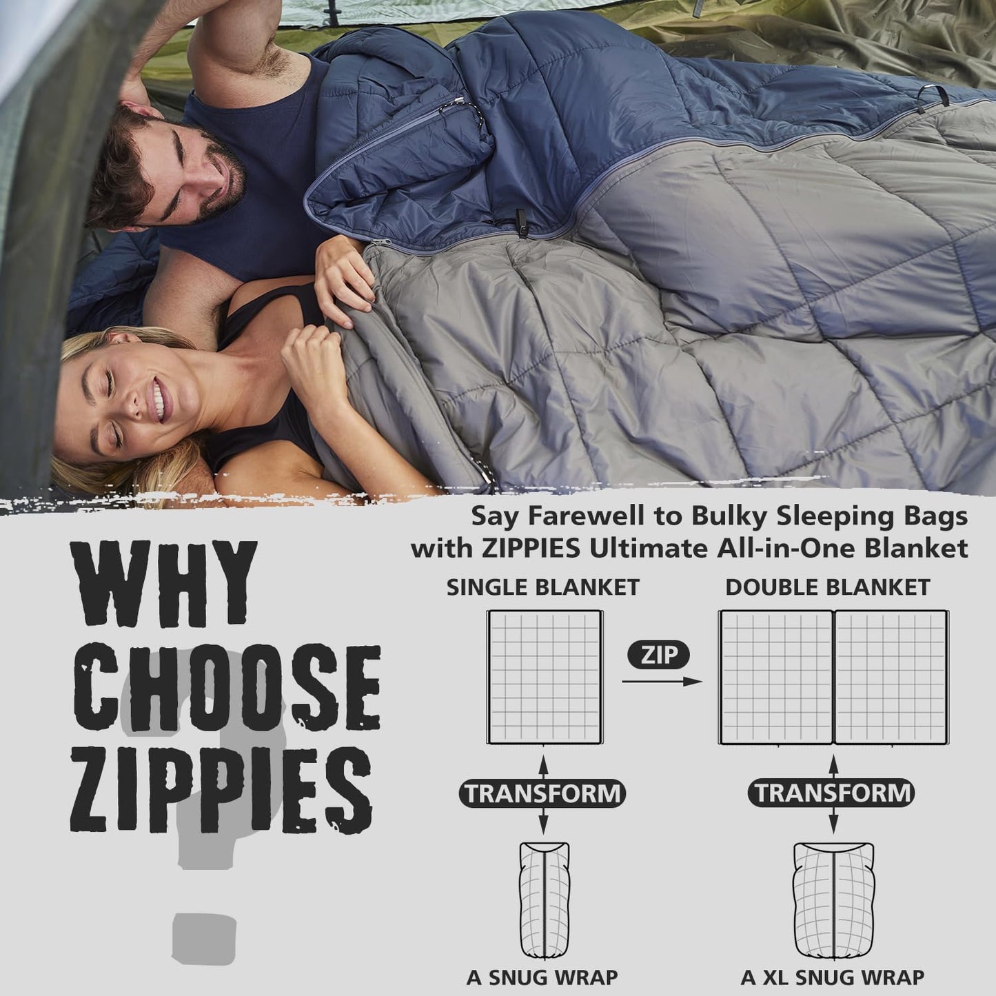 ZIPPIES 3M Thinsulate Insulation Puffy Camping Blanket for Cold Weather, Queen Size Warm Camping Quilt with Zipper, Waterproof Outdoor Sleeping Bag for Hammock, Cozy & Versatile Gift for Men and Women