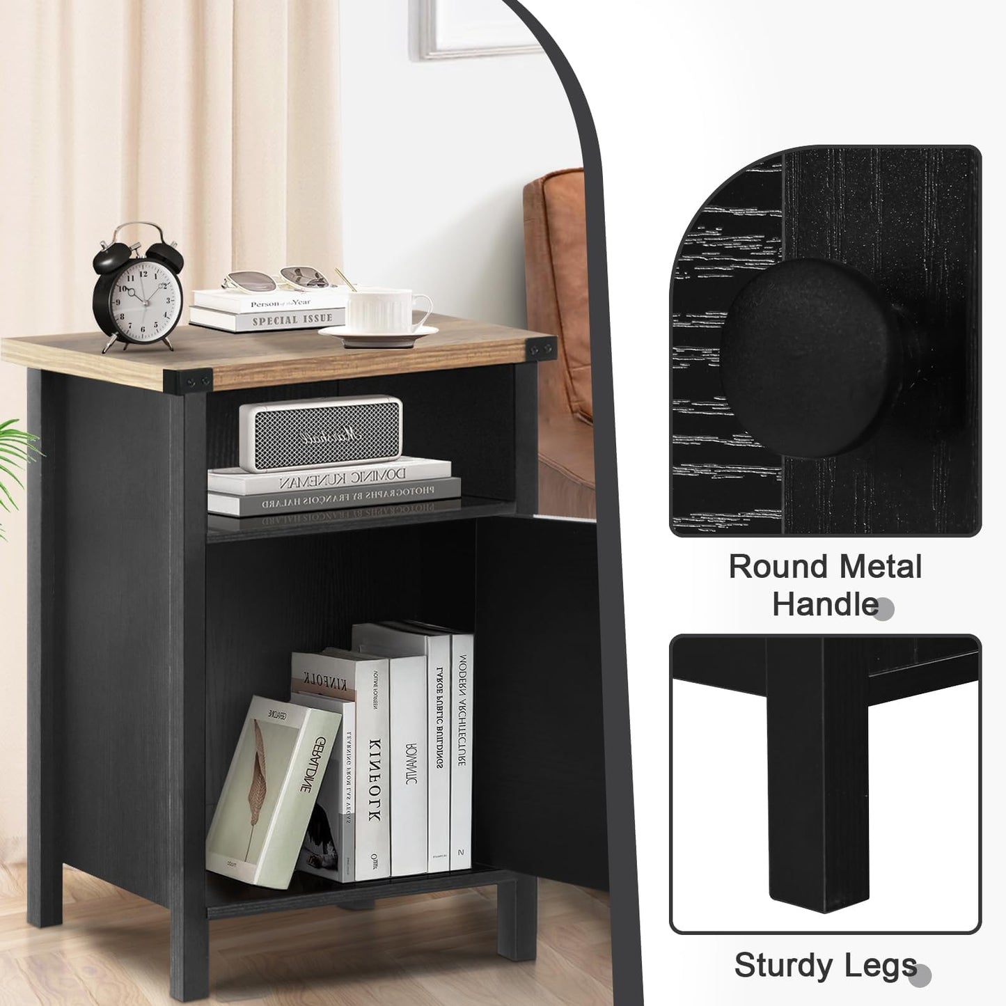 Farmhouse End Table, Nightstand, End Tables with Barn Door and Shelf, Wooden Sofa Side Table, Modern Bed Side Table Rustic Nightstands Set of 2, Bedroom, Living Room, Black