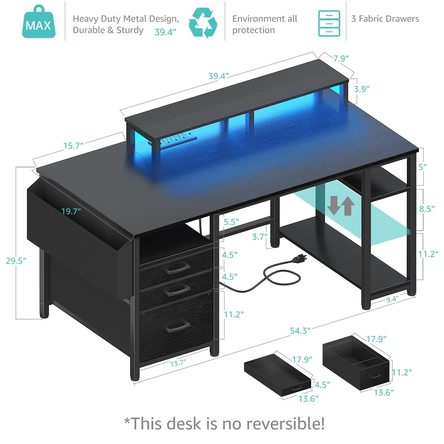 Lufeiya Gaming Desks with Led Lights and Power Outlets, 55 Inch Computer Desk with File Drawers Cabinet, Home Office Desk with Shelves Monitor Stand, Black