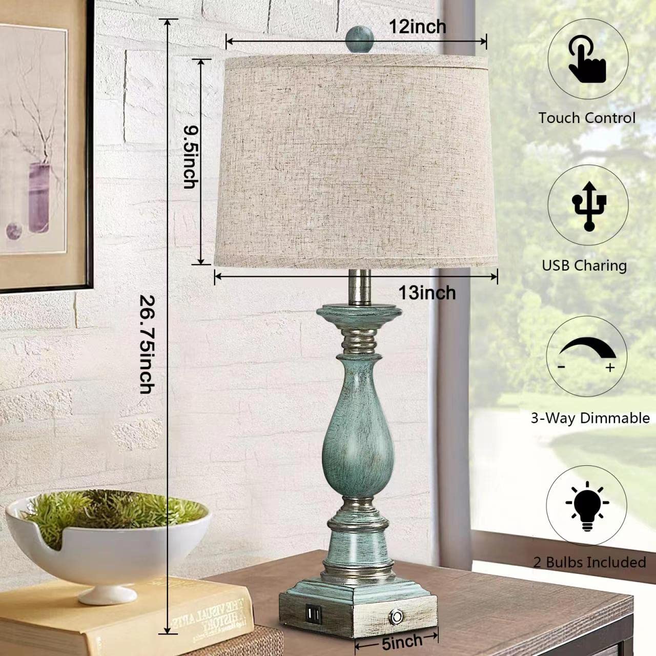 Farmhouse Table Lamps Set of 2 with USB Charging Ports, Touch Control Bedside Table Lamp for Bedroom Nightstand, 3-Way Dimmable Table Lamp for Living Room End Table, Linen Fabric Shade, Bulbs Included
