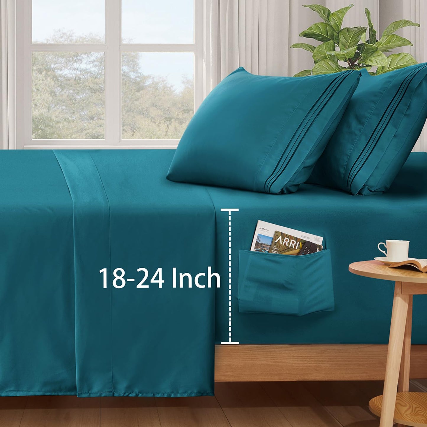 SiinvdaBZX Extra Deep Pocket King Sheets Set - Fits Mattress Up to 24 Inches Thick - 4 Piece Teal Deep Pocket Sheets for Air Mattress - Soft 1800 Thread Count Fitted Sheet with Side Pocket