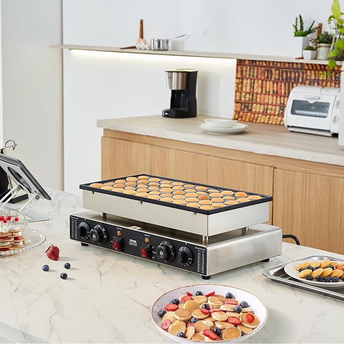VEVOR 110V Mini Dutch Pancake Baker, 50PCS 1700W Commercial Electric Nonstick Waffle Maker Machine, 1.8 Inches Pancake Maker with 2 Thermostats & 2 Timers Separate Control, for Home and Restaurants