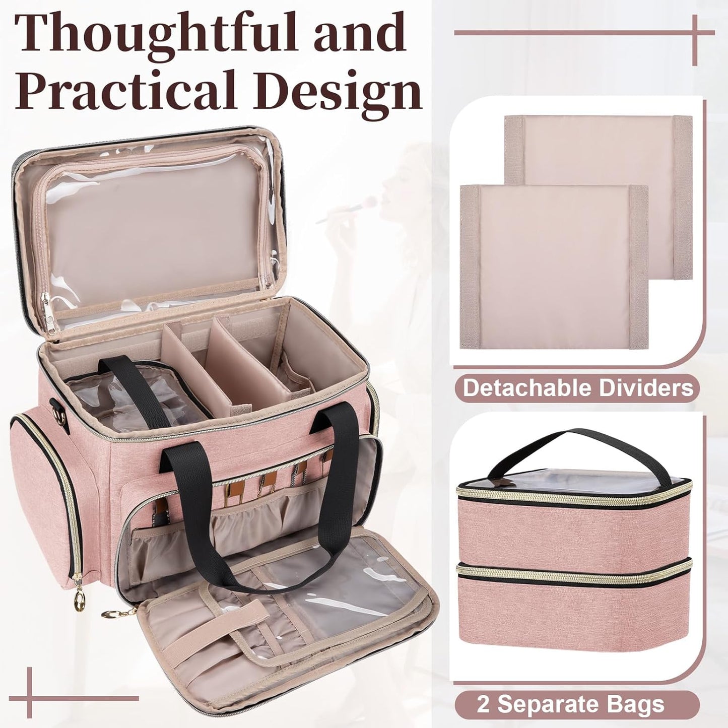 Large Makeup Bag, Portable Travel Makeup Bag Organizer for Women Girls with 2 Removable Pouches & Detachable Dividers, Cosmetic Travel Bag, Toiletry Bag for Makeup and Hair Supplies Pink