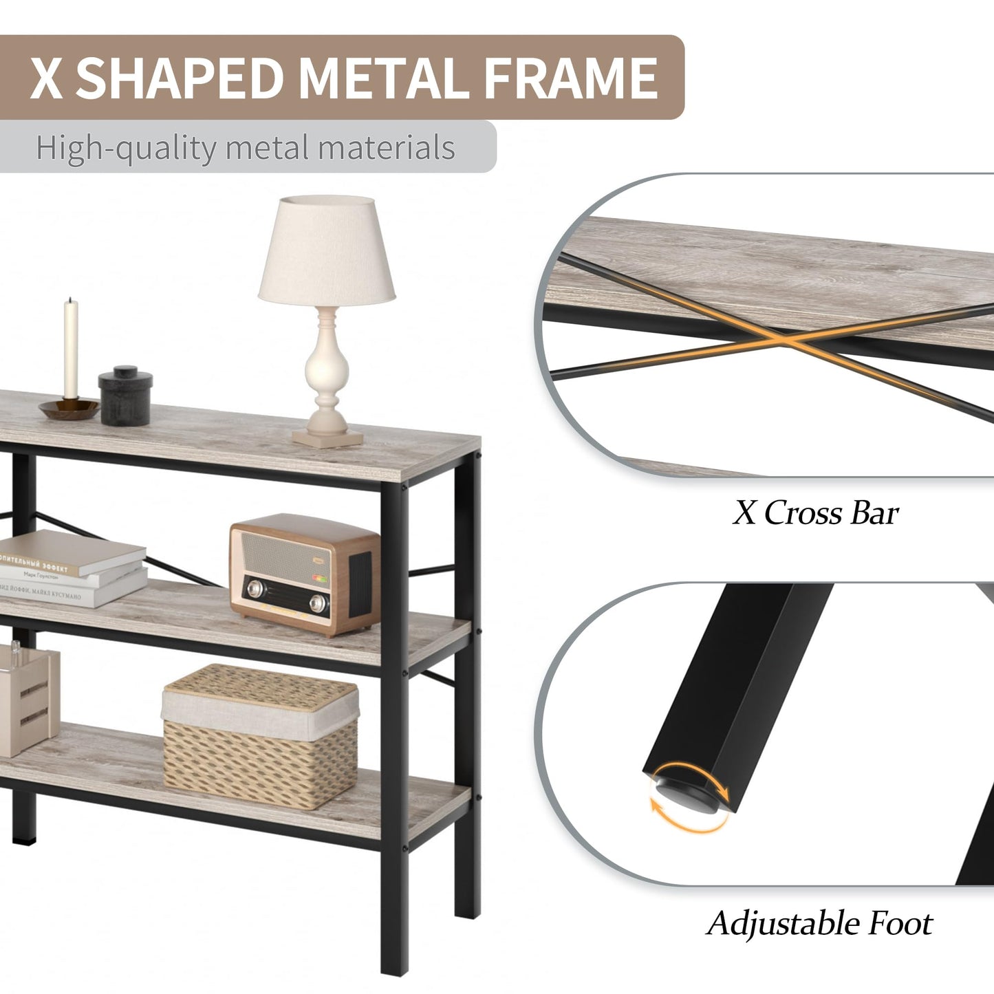 Vida Vistoso 71 Inch Industrial Console Table Behind Couch, Extra Long Sofa Table with 3 Tier Wood Storage Shelves, TV Table with Metal Frame for Living Room, Foyer, Hallway (Oak Grey)