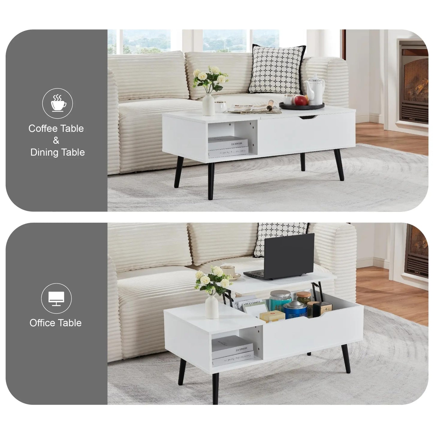 SANODESK 39" Wood Lift Top Coffee Table with Hidden Compartment and Storage Shelf for Living Room, Reception Room, White